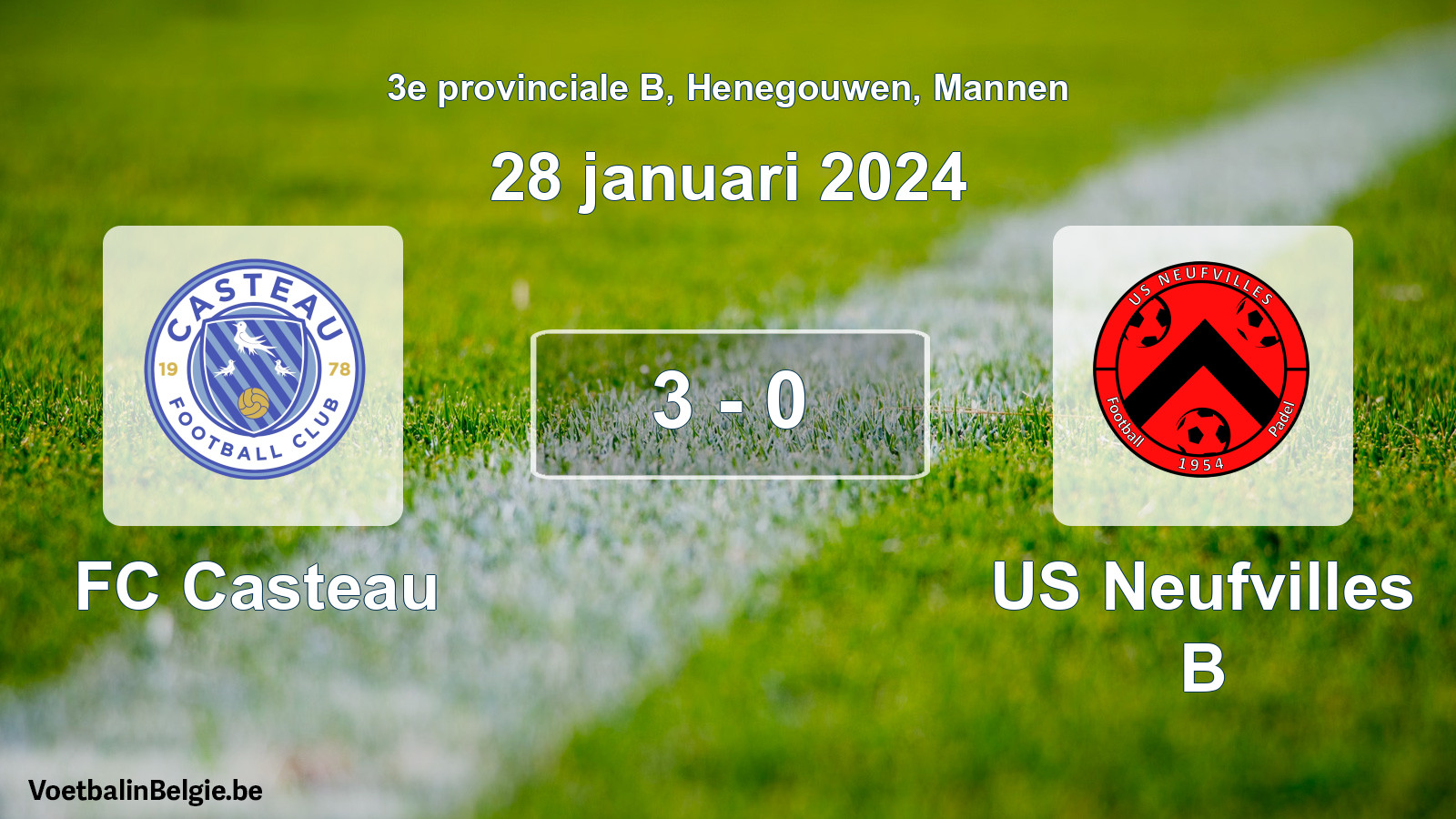Gespeelde wedstrijd mannenvoetbal: FC Casteau - US Neufvilles B 3 - 0 (28 januari 2024)