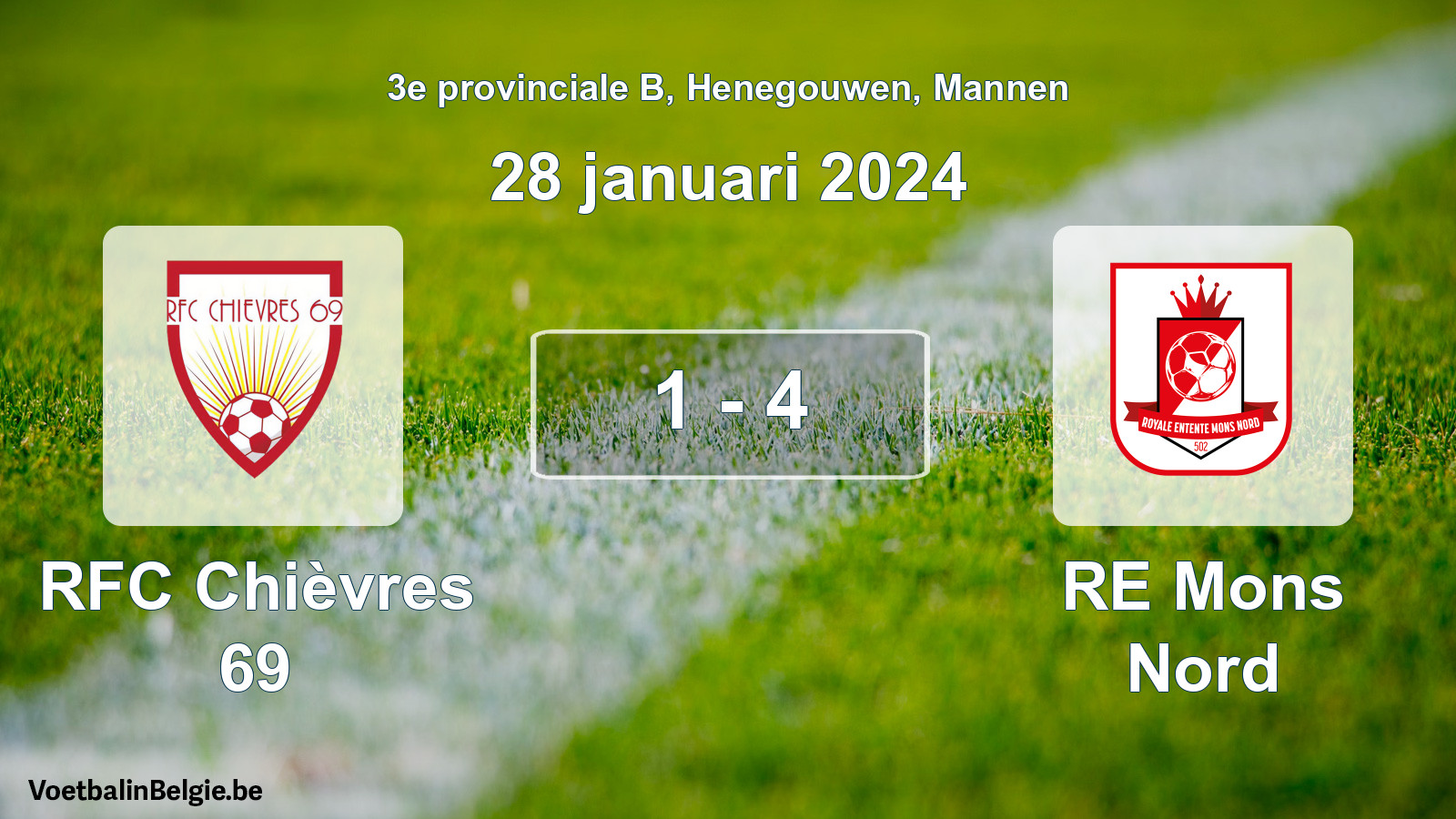 Gespeelde wedstrijd mannenvoetbal: RFC Chièvres 69 - RE Mons Nord 1 - 4 (28 januari 2024)