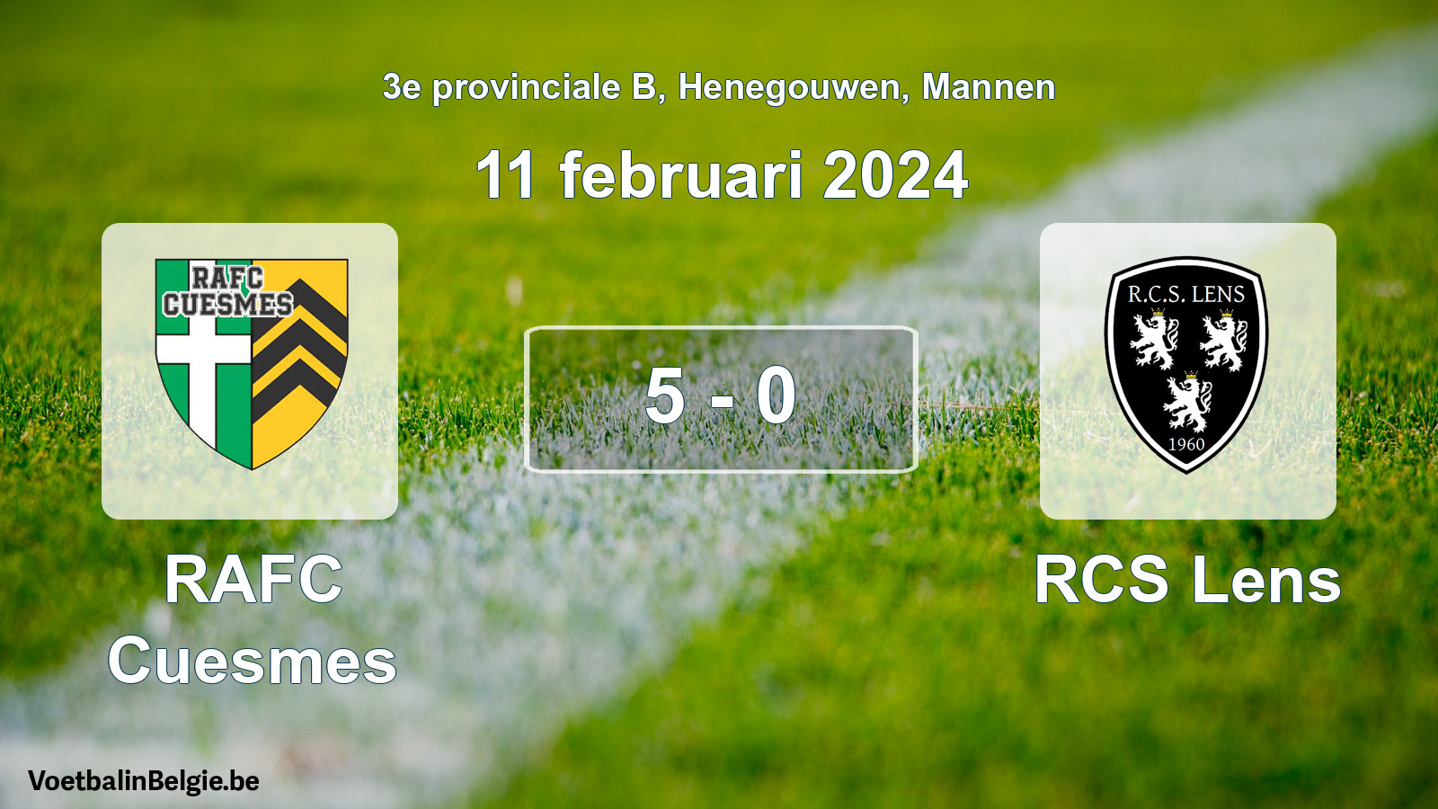 Gespeelde wedstrijd mannenvoetbal: RAFC Cuesmes - RCS Lens 5 - 0 (11 februari 2024)