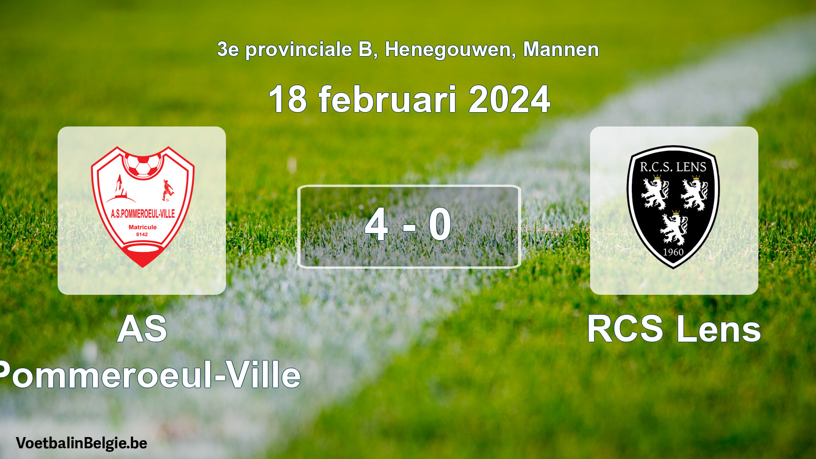 Gespeelde wedstrijd mannenvoetbal: AS Pommeroeul-Ville - RCS Lens 4 - 0 (18 februari 2024)
