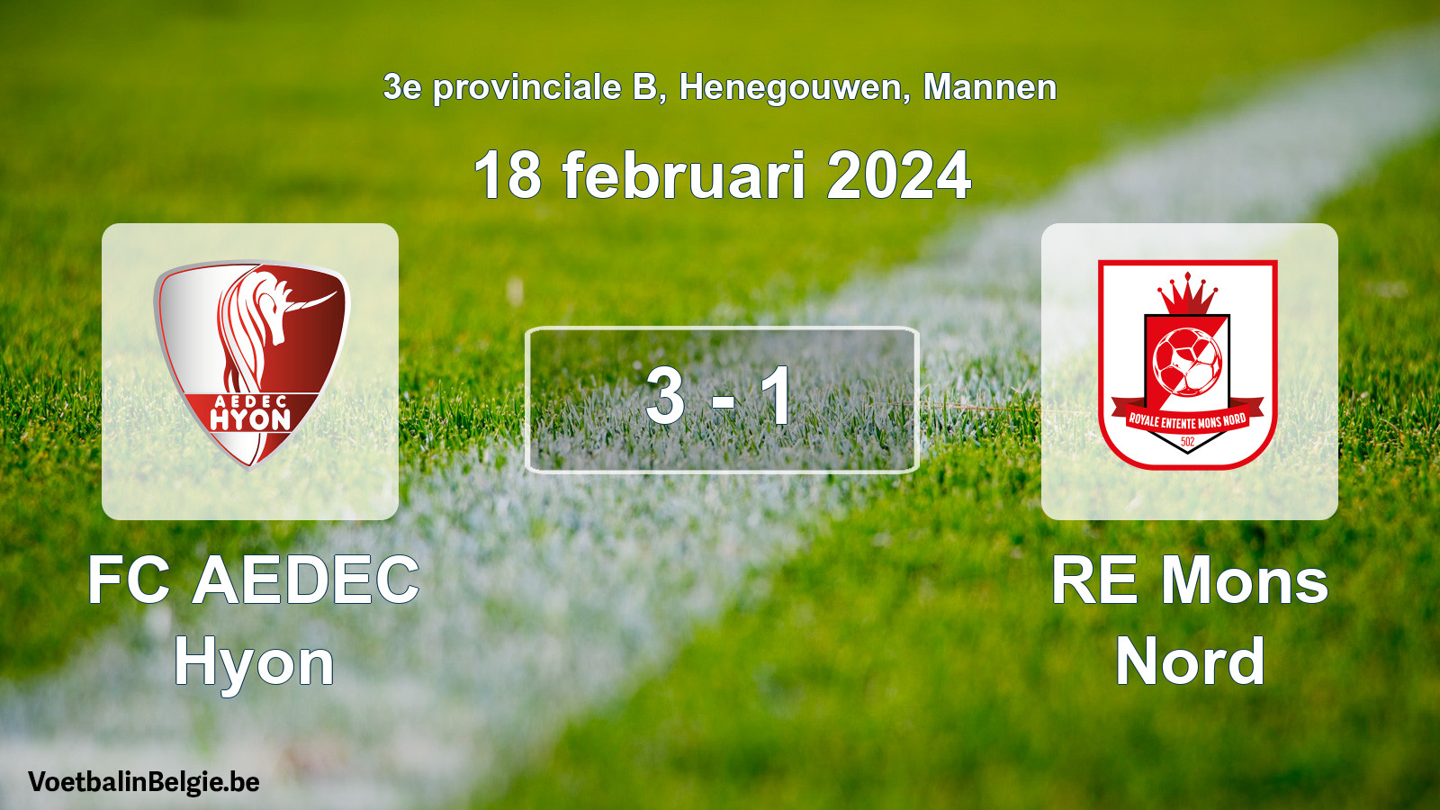 Gespeelde wedstrijd mannenvoetbal: FC AEDEC Hyon - RE Mons Nord 3 - 1 (18 februari 2024)