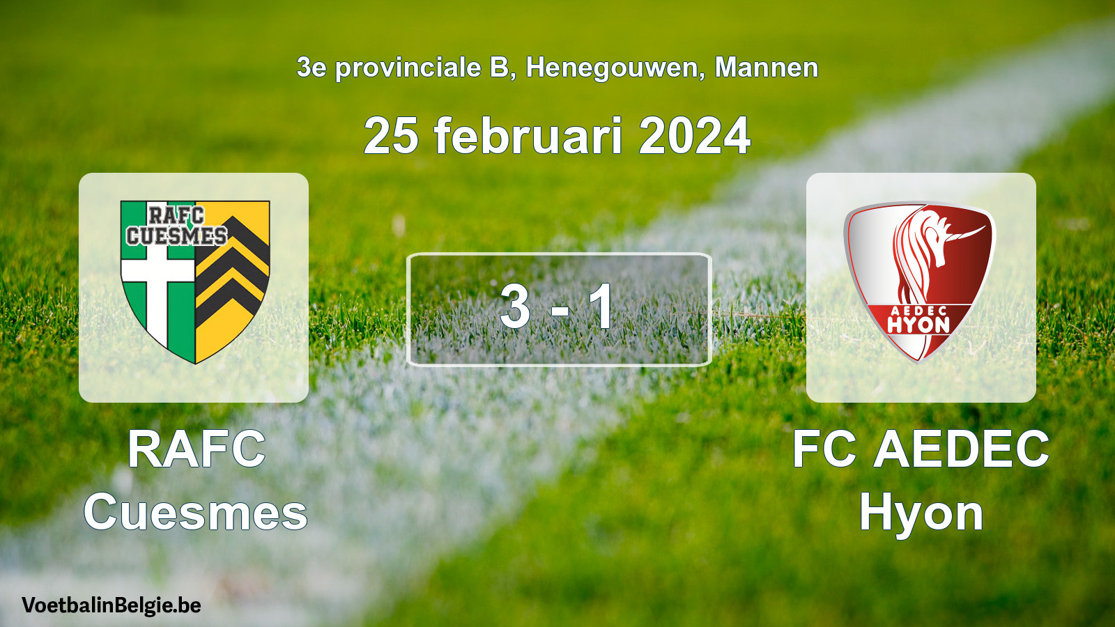 Gespeelde wedstrijd mannenvoetbal: RAFC Cuesmes - FC AEDEC Hyon 3 - 1 (25 februari 2024)