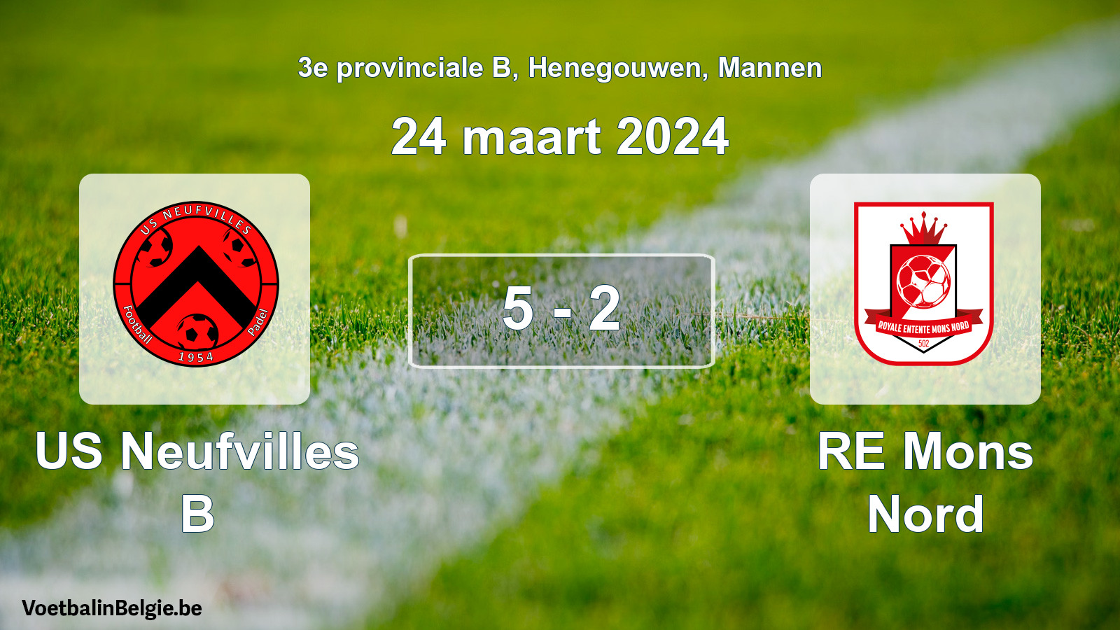 Gespeelde wedstrijd mannenvoetbal: US Neufvilles B - RE Mons Nord 5 - 2 (24 maart 2024)