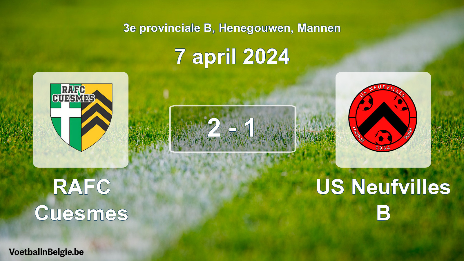 Gespeelde wedstrijd mannenvoetbal: RAFC Cuesmes - US Neufvilles B 2 - 1 (7 april 2024)
