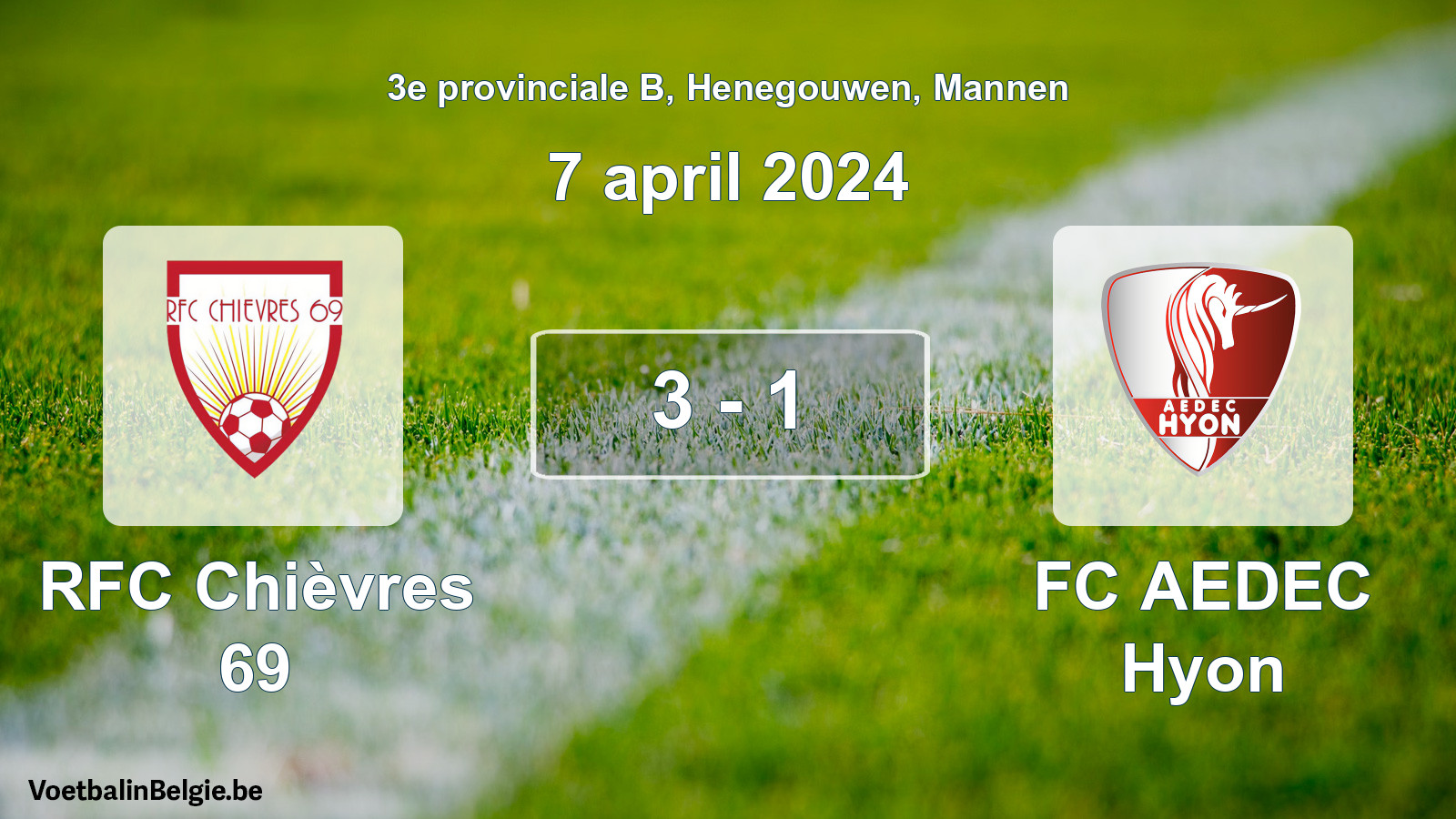 Gespeelde wedstrijd mannenvoetbal: RFC Chièvres 69 - FC AEDEC Hyon 3 - 1 (7 april 2024)