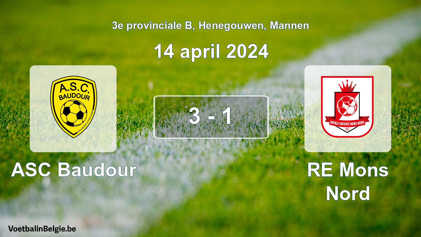 Gespeelde wedstrijd mannenvoetbal: ASC Baudour - RE Mons Nord 3 - 1 (14 april 2024)