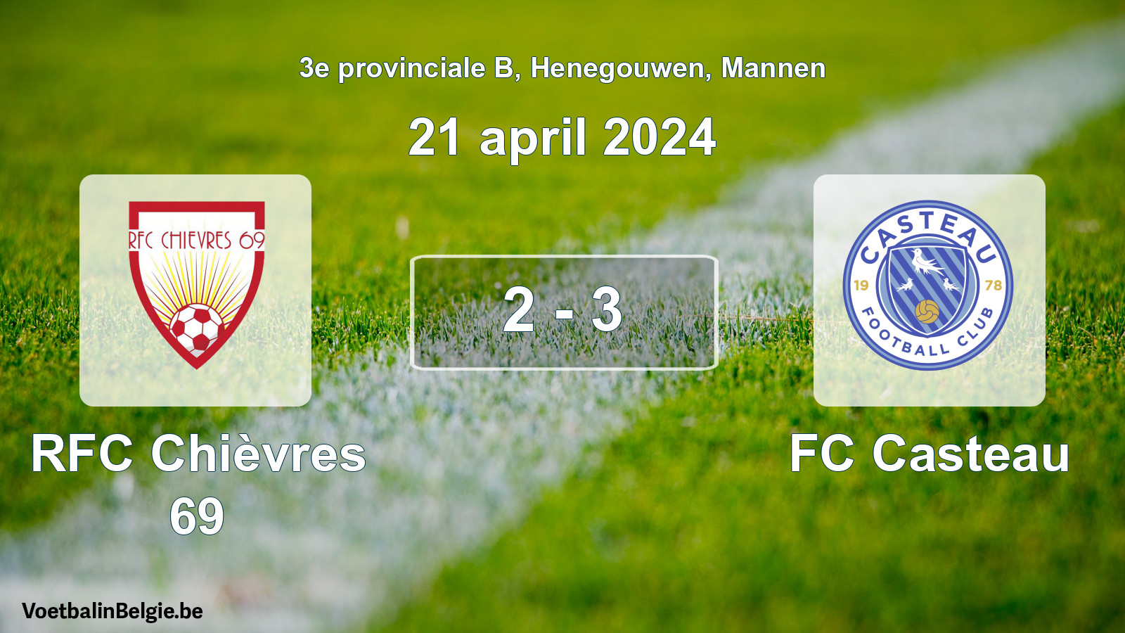 Gespeelde wedstrijd mannenvoetbal: RFC Chièvres 69 - FC Casteau 2 - 3 (21 april 2024)