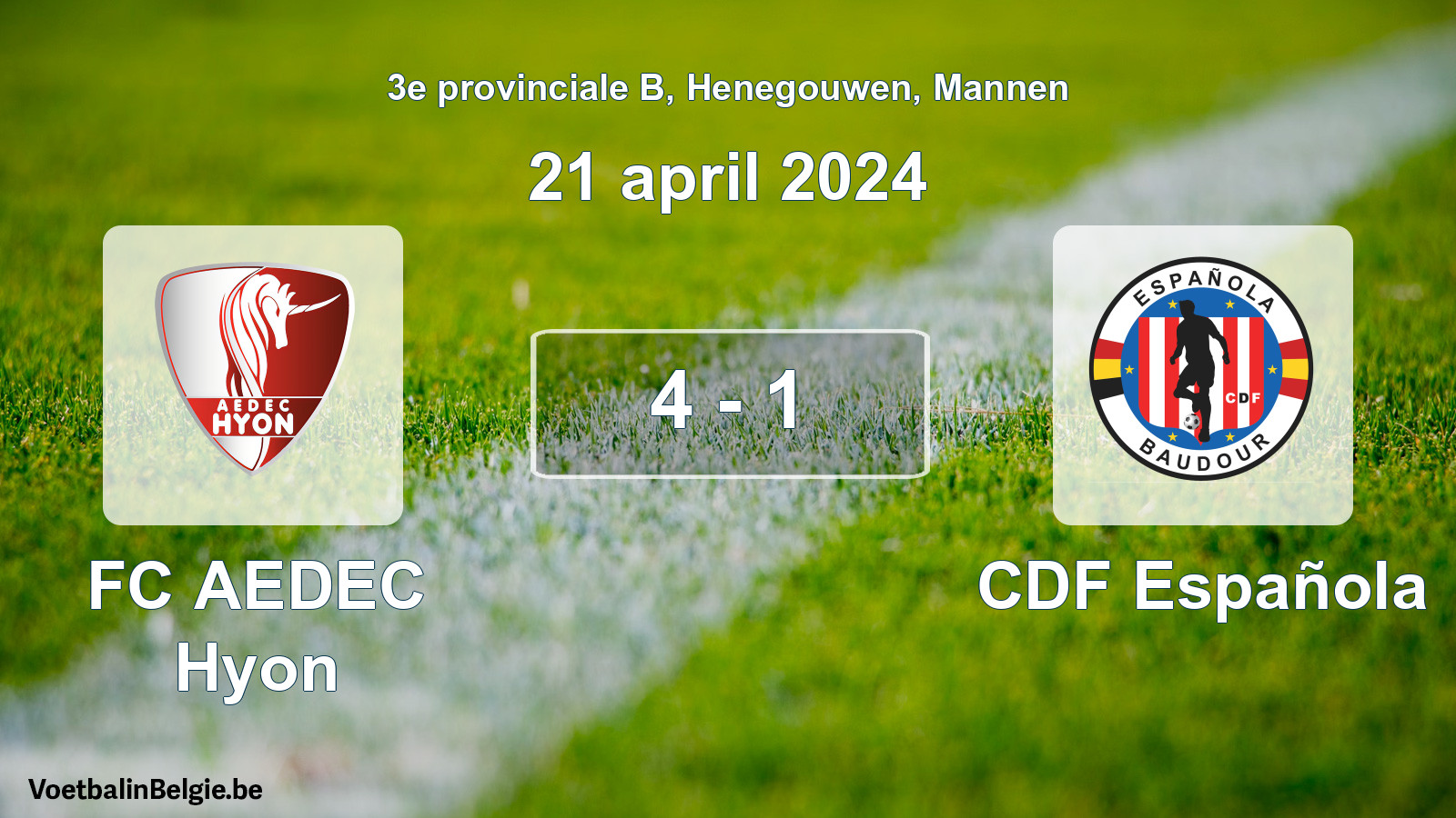 Gespeelde wedstrijd mannenvoetbal: FC AEDEC Hyon - CDF Española 4 - 1 (21 april 2024)