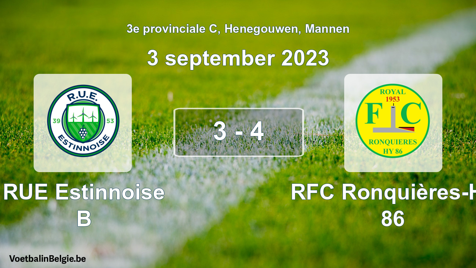 Gespeelde wedstrijd mannenvoetbal: RUE Estinnoise B - RFC Ronquières-Hy 86 3 - 4 (3 september 2023)