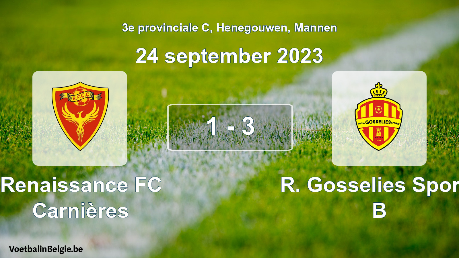 Gespeelde wedstrijd mannenvoetbal: Renaissance FC Carnières - R. Gosselies Sports B 1 - 3 (24 september 2023)