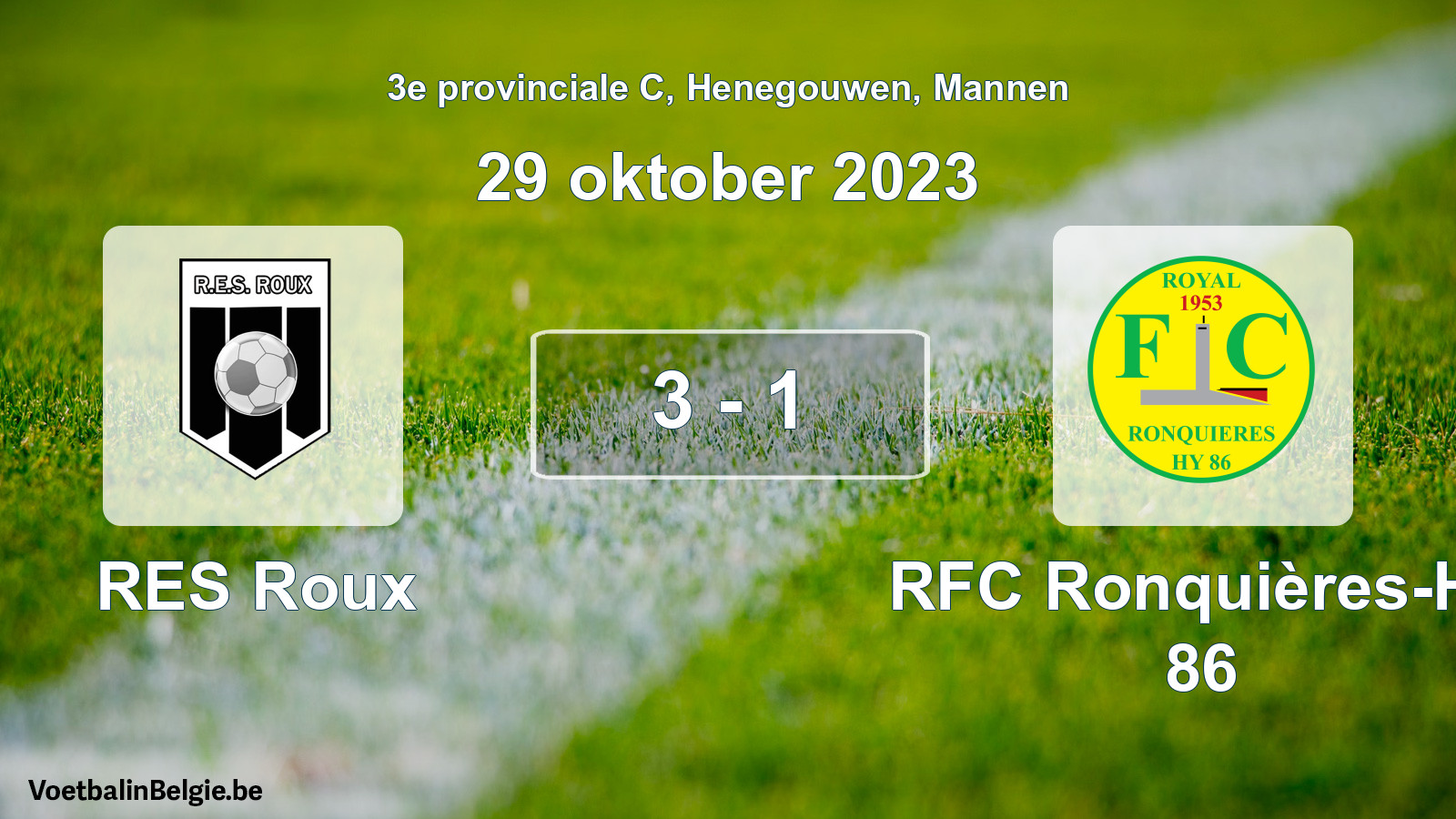 Gespeelde wedstrijd mannenvoetbal: RES Roux - RFC Ronquières-Hy 86 3 - 1 (29 oktober 2023)