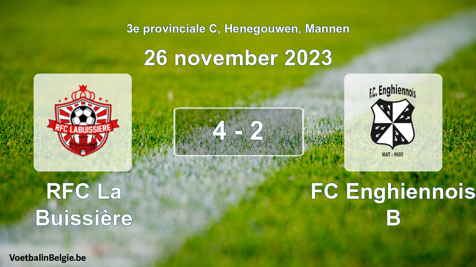 Gespeelde wedstrijd mannenvoetbal: RFC La Buissière - FC Enghiennois B 4 - 2 (26 november 2023)