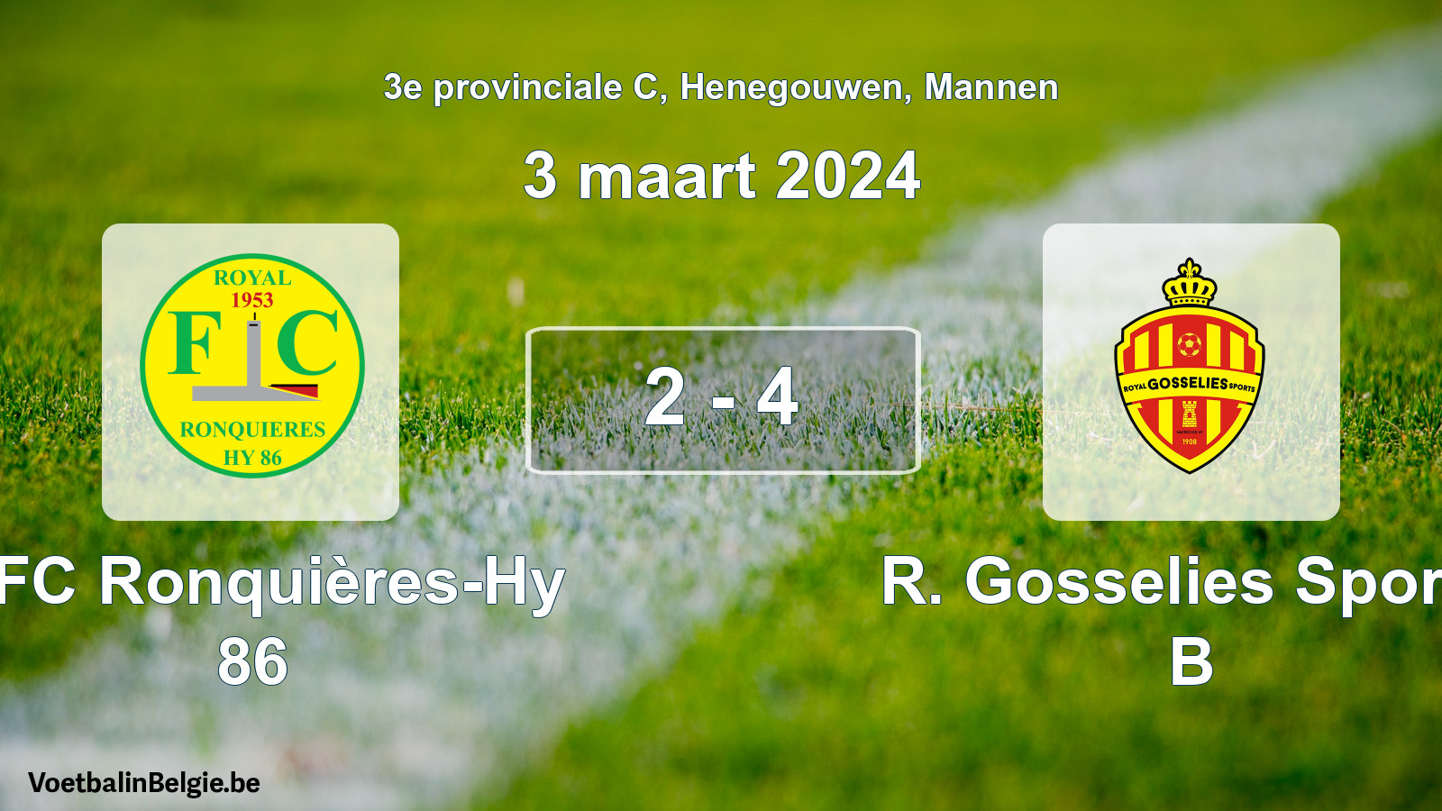Gespeelde wedstrijd mannenvoetbal: RFC Ronquières-Hy 86 - R. Gosselies Sports B 2 - 4 (3 maart 2024)