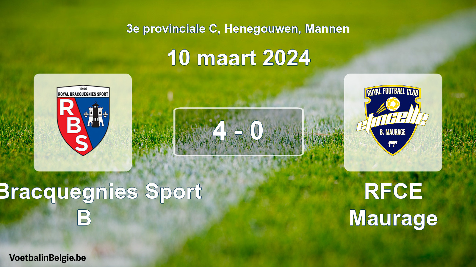 Gespeelde wedstrijd mannenvoetbal: R. Bracquegnies Sport B - RFCE Maurage 4 - 0 (10 maart 2024)