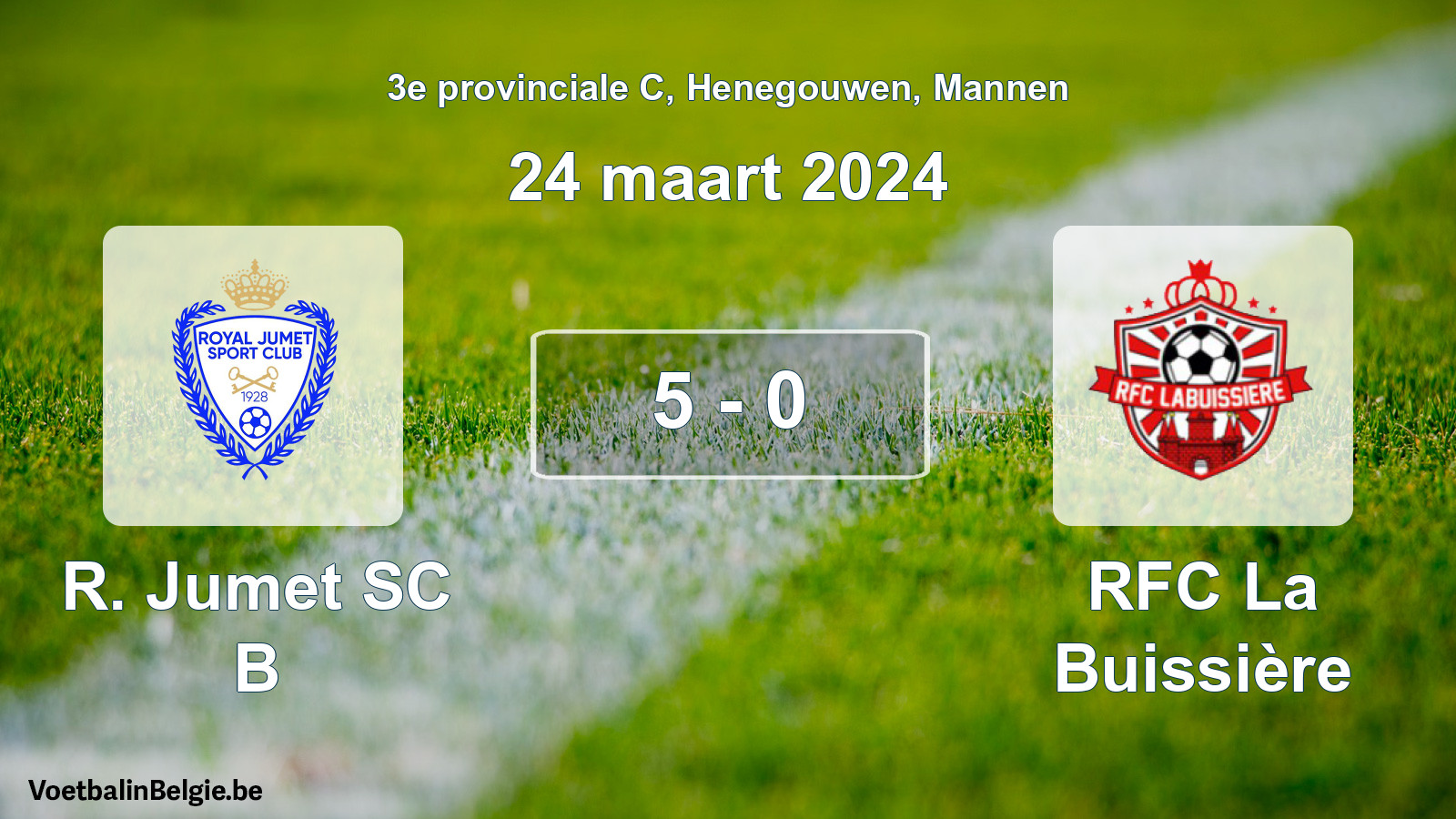 Gespeelde wedstrijd mannenvoetbal: R. Jumet SC B - RFC La Buissière 5 - 0 (24 maart 2024)