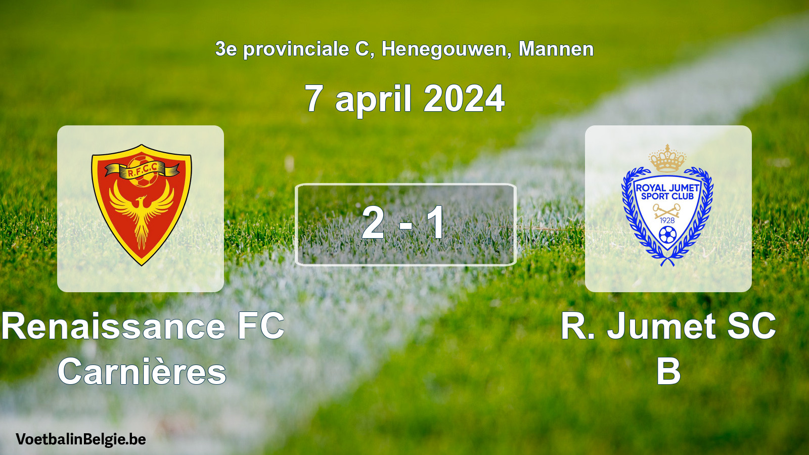 Gespeelde wedstrijd mannenvoetbal: Renaissance FC Carnières - R. Jumet SC B 2 - 1 (7 april 2024)