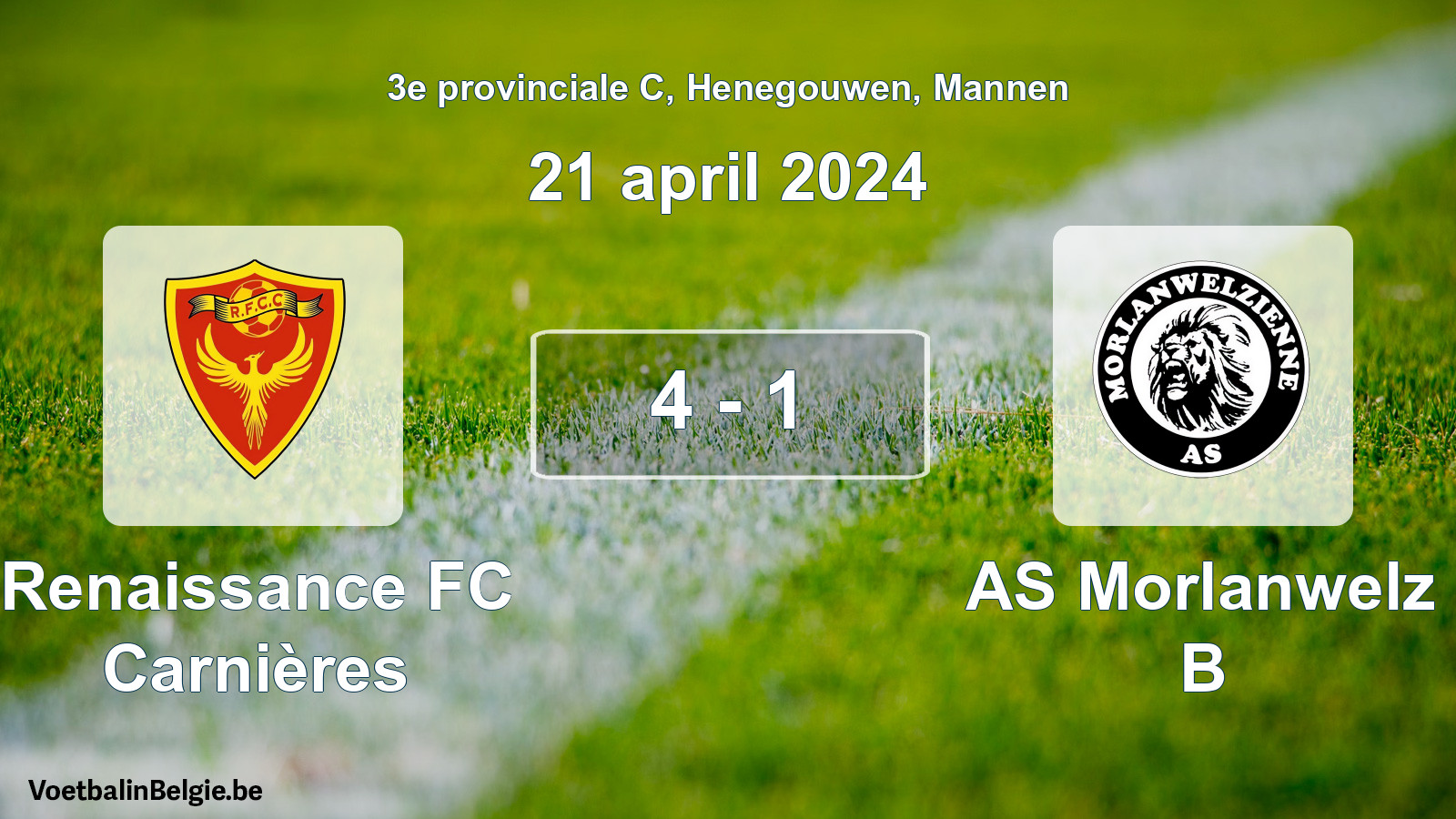 Gespeelde wedstrijd mannenvoetbal: Renaissance FC Carnières - AS Morlanwelz B 4 - 1 (21 april 2024)