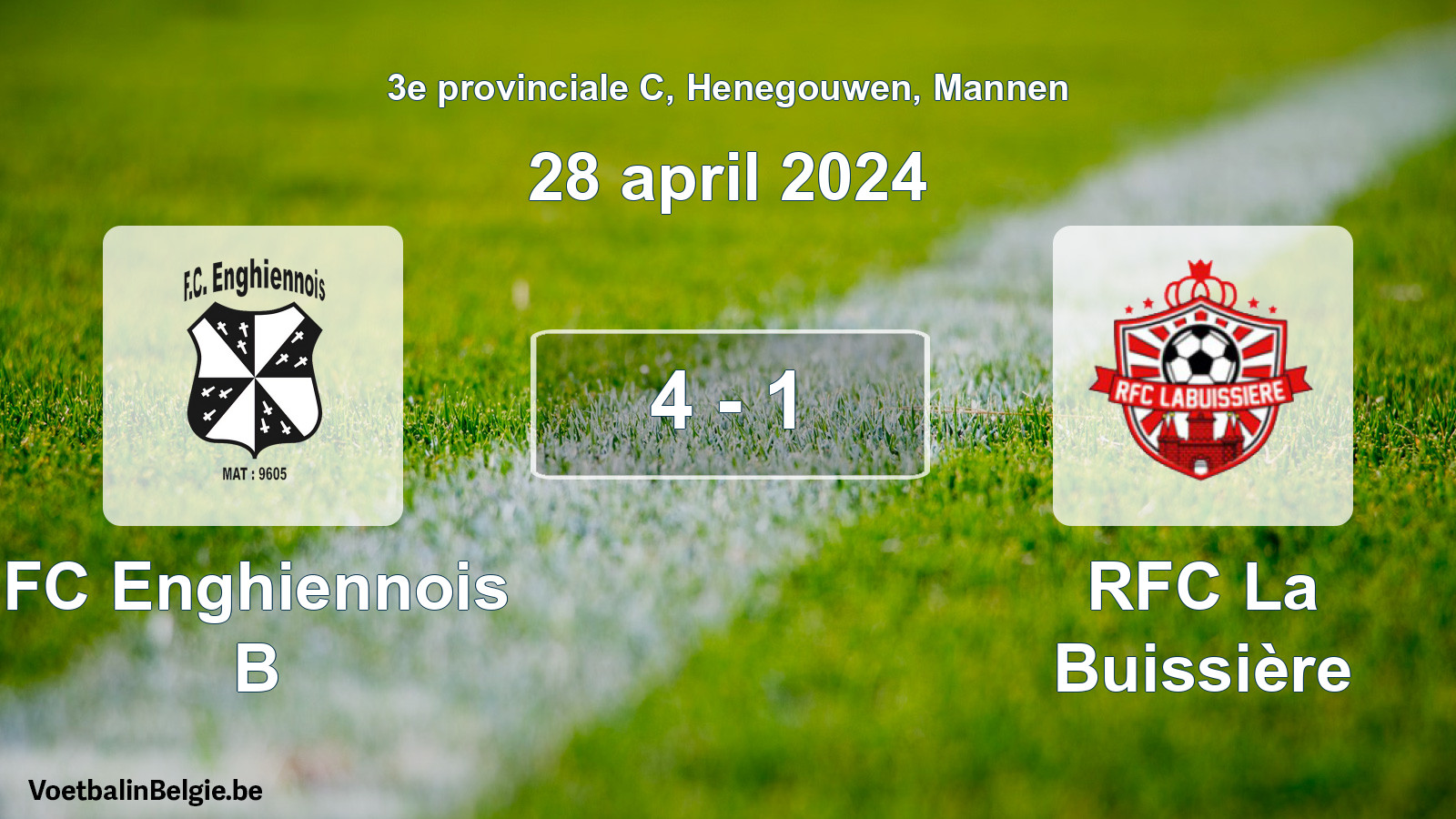 Gespeelde wedstrijd mannenvoetbal: FC Enghiennois B - RFC La Buissière 4 - 1 (28 april 2024)