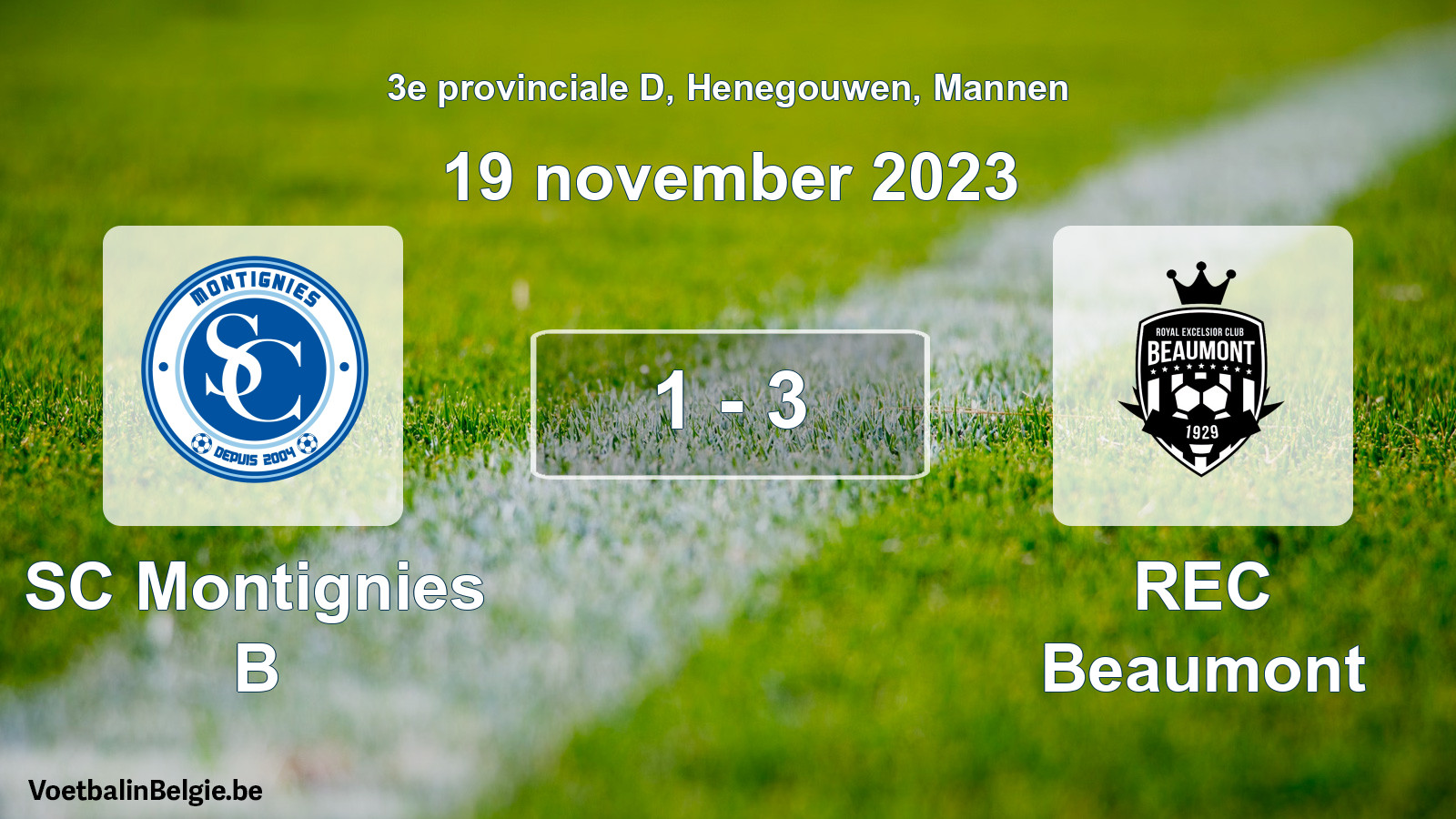 Gespeelde wedstrijd mannenvoetbal: SC Montignies B - REC Beaumont 1 - 3 (19 november 2023)