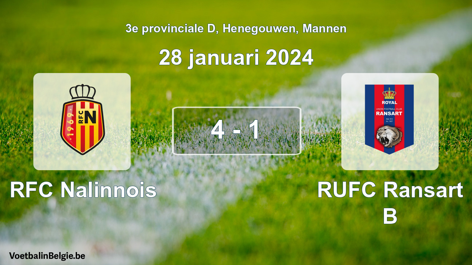 Gespeelde wedstrijd mannenvoetbal: RFC Nalinnois - RUFC Ransart B 4 - 1 (28 januari 2024)
