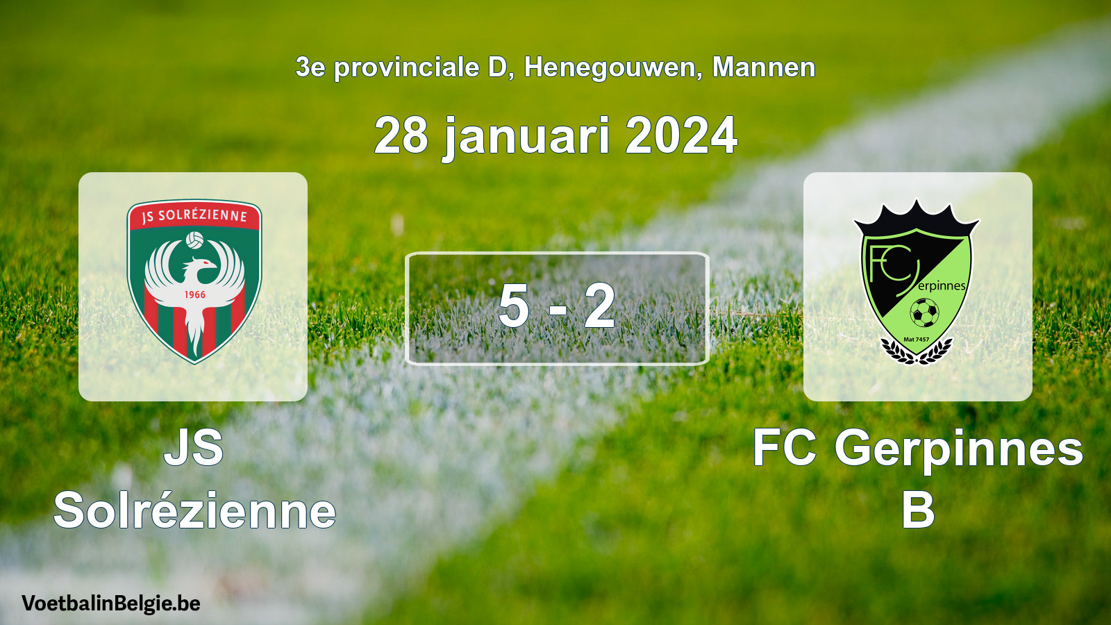 Gespeelde wedstrijd mannenvoetbal: JS Solrézienne - FC Gerpinnes B 5 - 2 (28 januari 2024)