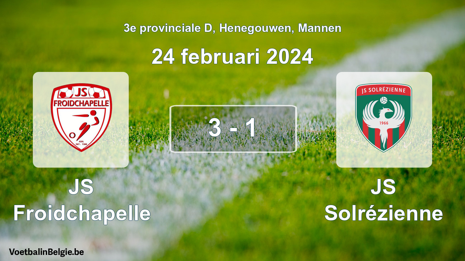 Gespeelde wedstrijd mannenvoetbal: JS Froidchapelle - JS Solrézienne 3 - 1 (24 februari 2024)