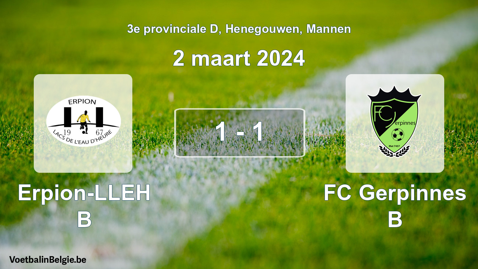 Gespeelde wedstrijd mannenvoetbal: Erpion-LLEH B - FC Gerpinnes B 1 - 1 (2 maart 2024)