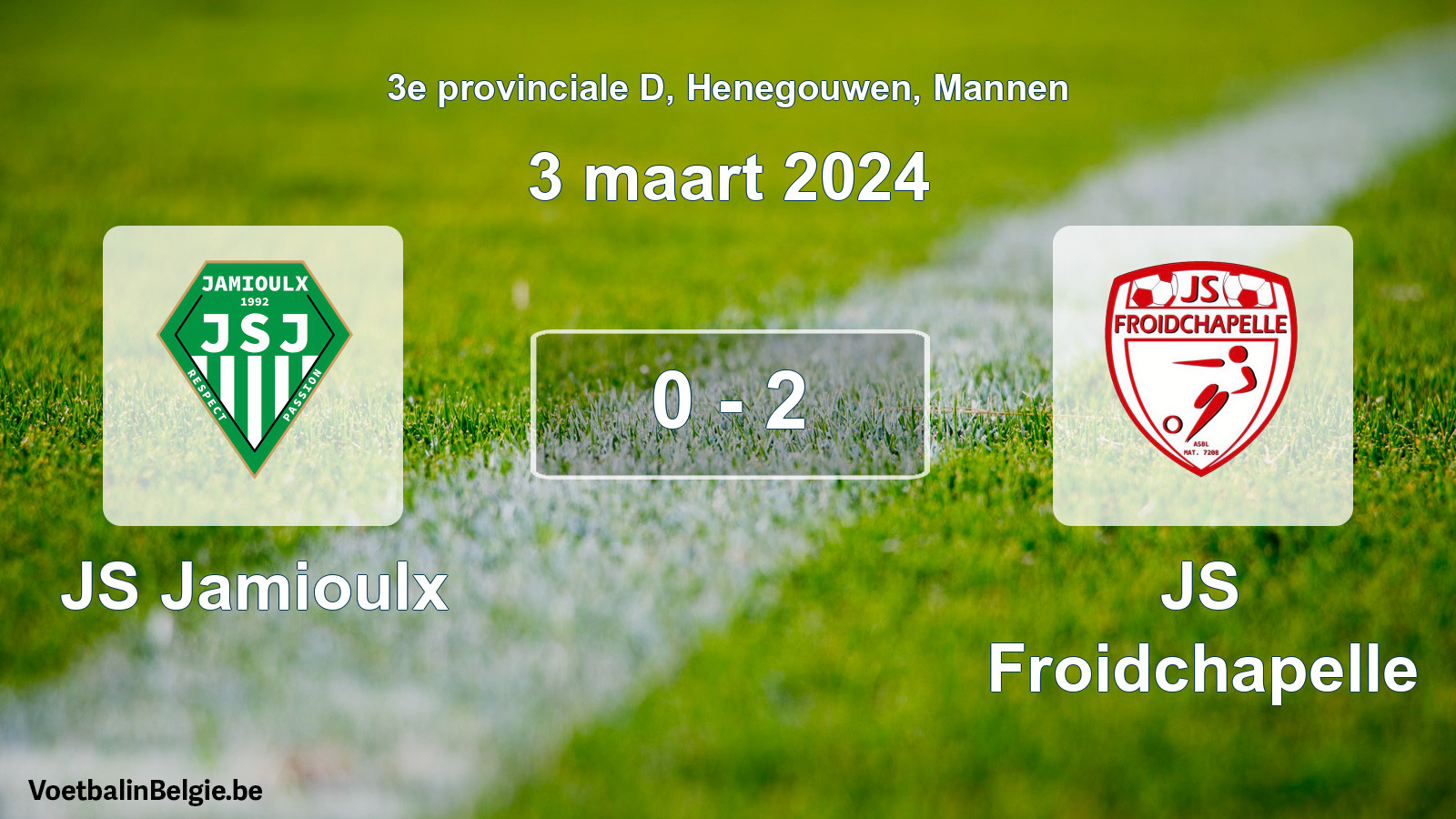 Gespeelde wedstrijd mannenvoetbal: JS Jamioulx - JS Froidchapelle 0 - 2 (3 maart 2024)
