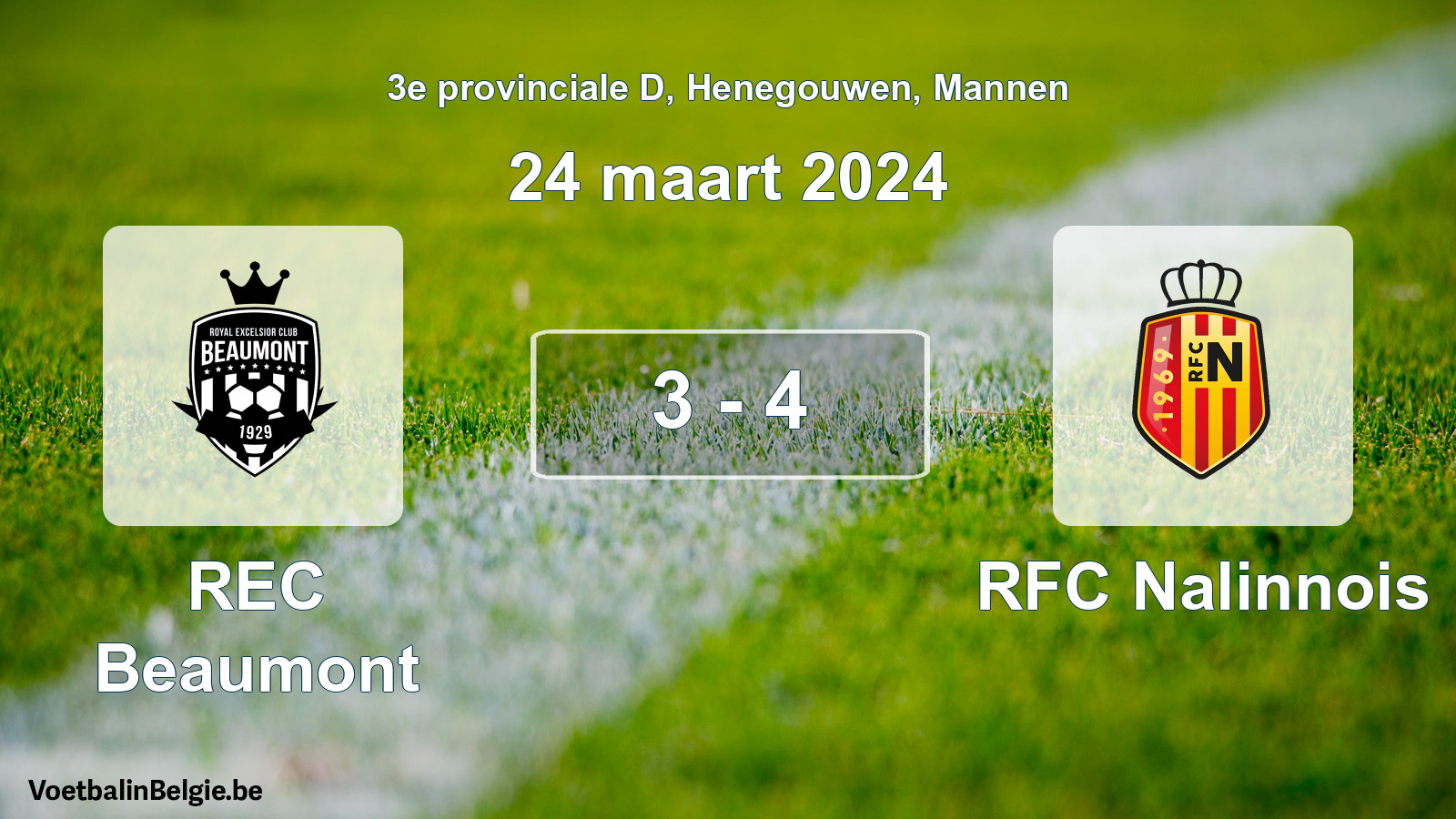 Gespeelde wedstrijd mannenvoetbal: REC Beaumont - RFC Nalinnois 3 - 4 (24 maart 2024)