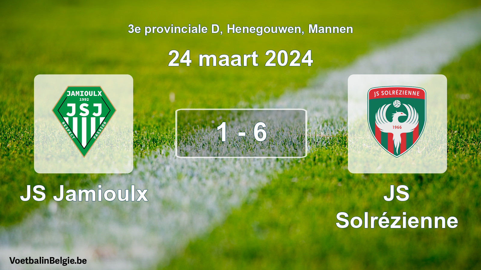Gespeelde wedstrijd mannenvoetbal: JS Jamioulx - JS Solrézienne 1 - 6 (24 maart 2024)