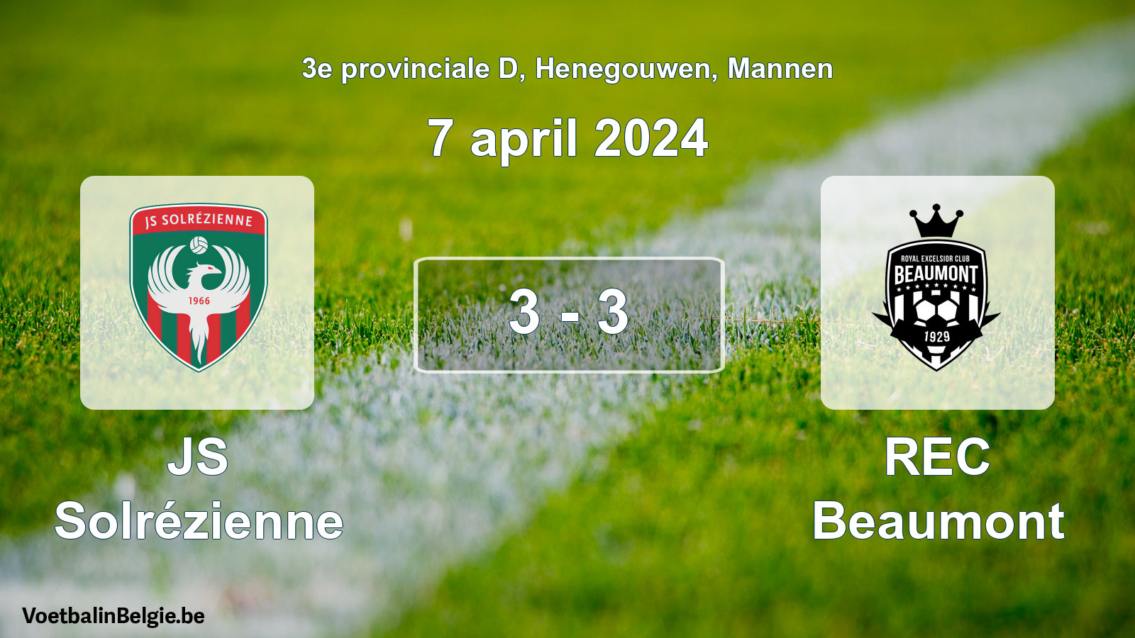 Gespeelde wedstrijd mannenvoetbal: JS Solrézienne - REC Beaumont 3 - 3 (7 april 2024)