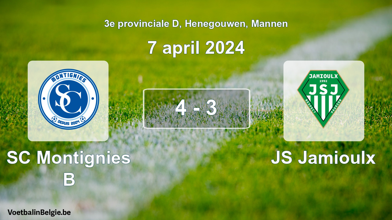 Gespeelde wedstrijd mannenvoetbal: SC Montignies B - JS Jamioulx 4 - 3 (7 april 2024)