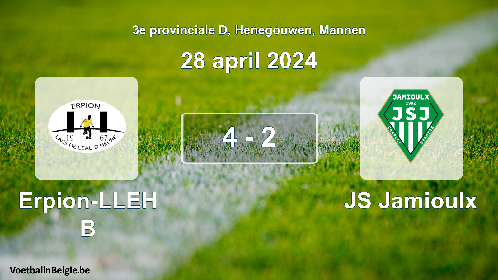 Gespeelde wedstrijd mannenvoetbal: Erpion-LLEH B - JS Jamioulx 4 - 2 (28 april 2024)