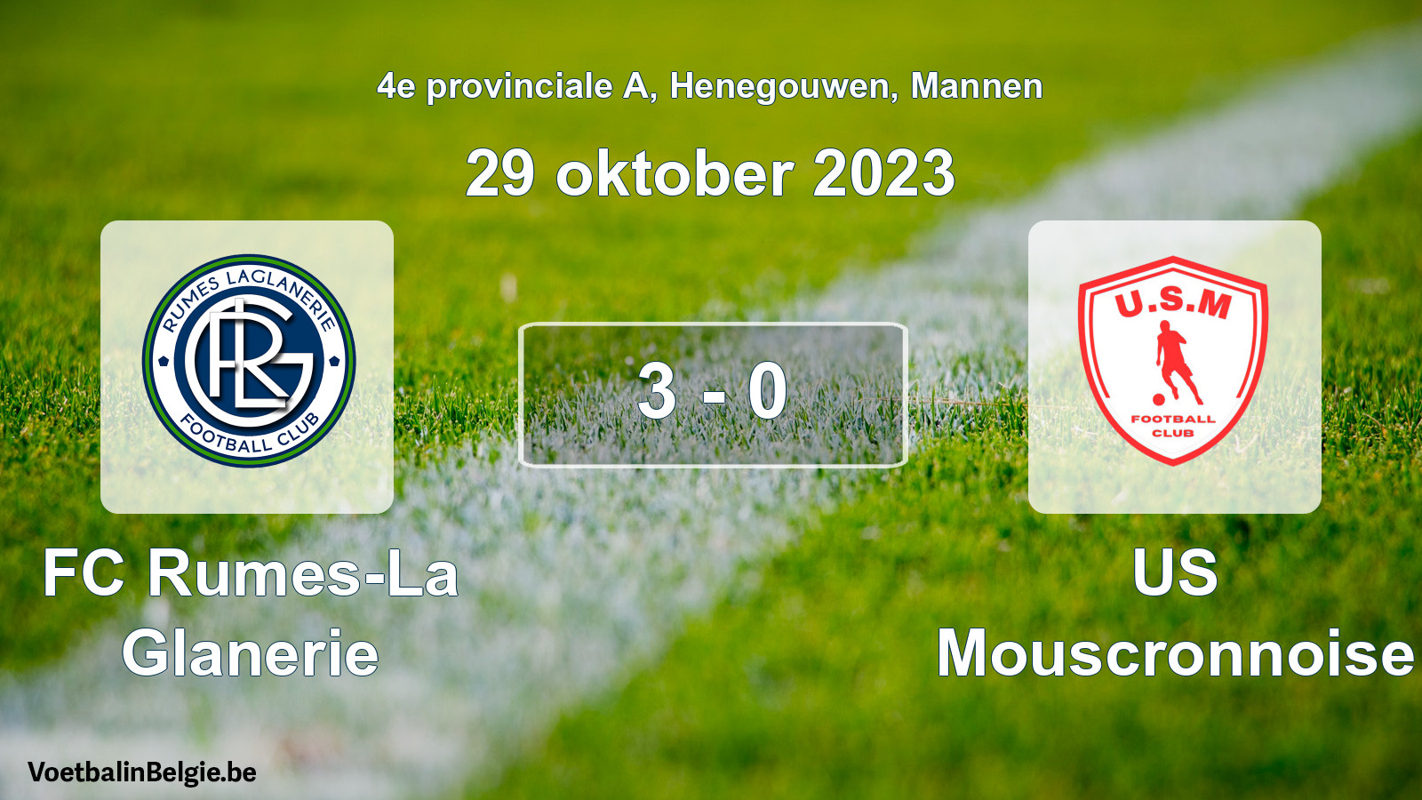 Gespeelde wedstrijd mannenvoetbal: FC Rumes-La Glanerie - US Mouscronnoise 3 - 0 (29 oktober 2023)