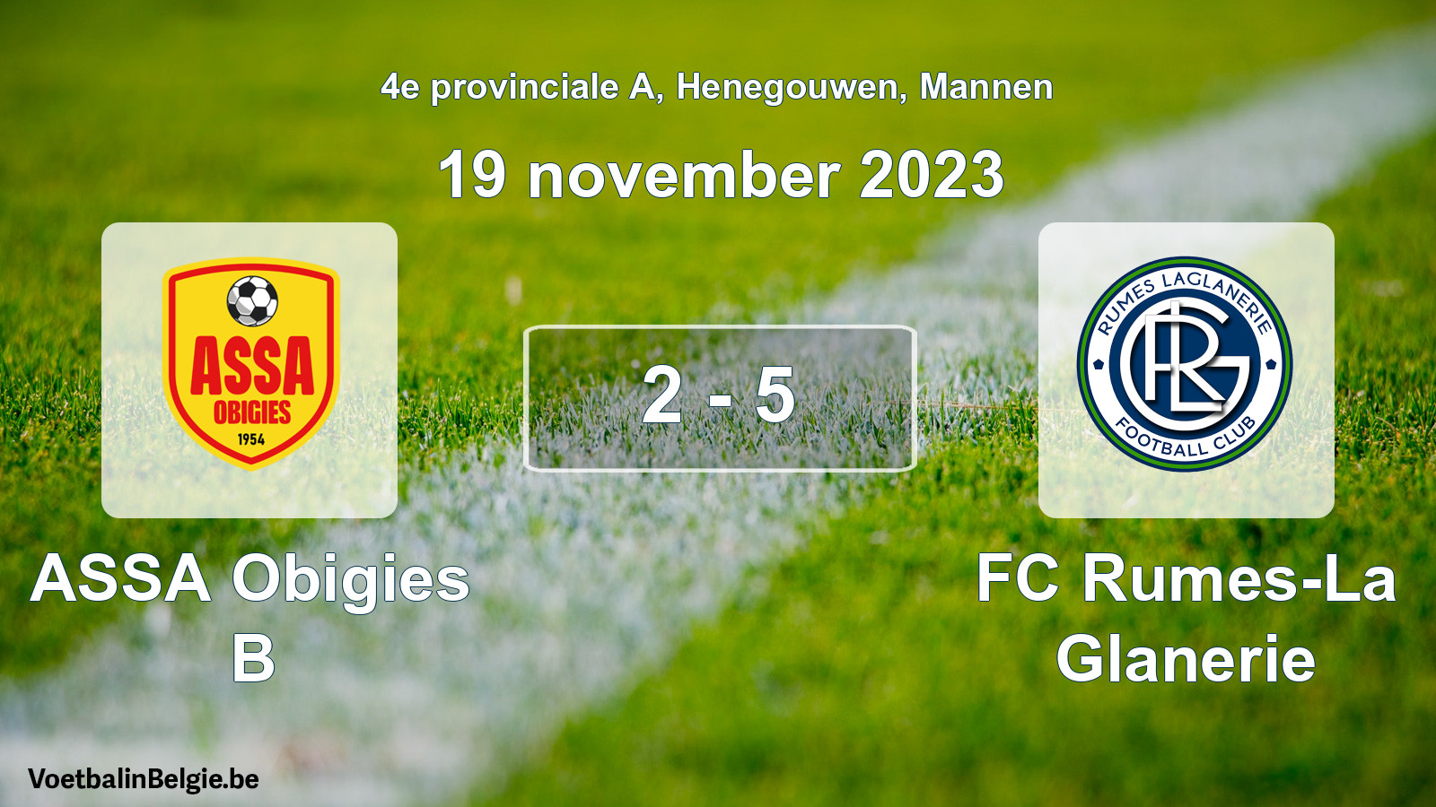 Gespeelde wedstrijd mannenvoetbal: ASSA Obigies B - FC Rumes-La Glanerie 2 - 5 (19 november 2023)