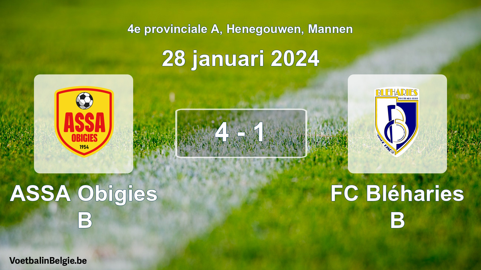 Gespeelde wedstrijd mannenvoetbal: ASSA Obigies B - FC Bléharies B 4 - 1 (28 januari 2024)