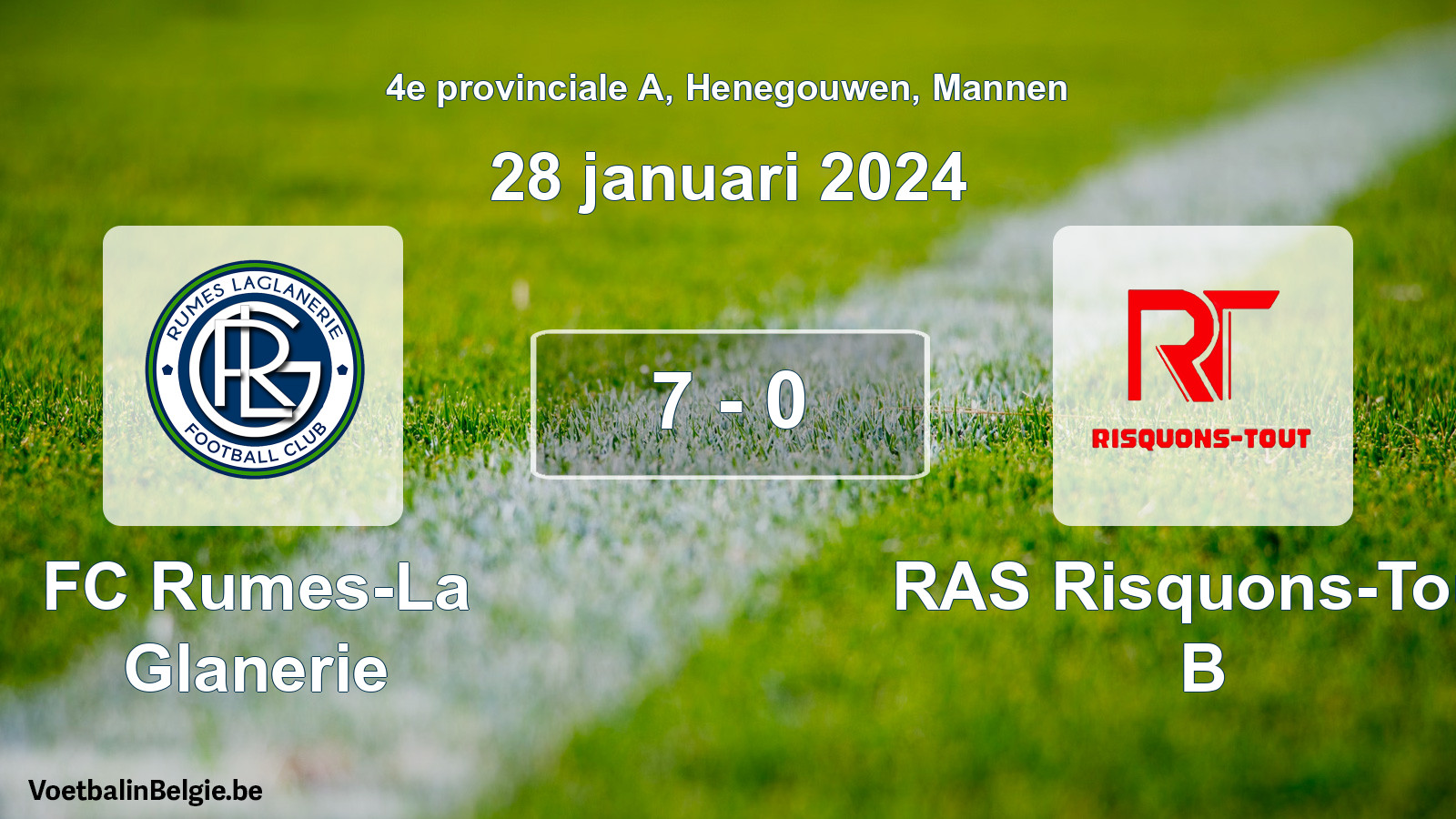 Gespeelde wedstrijd mannenvoetbal: FC Rumes-La Glanerie - RAS Risquons-Tout B 7 - 0 (28 januari 2024)