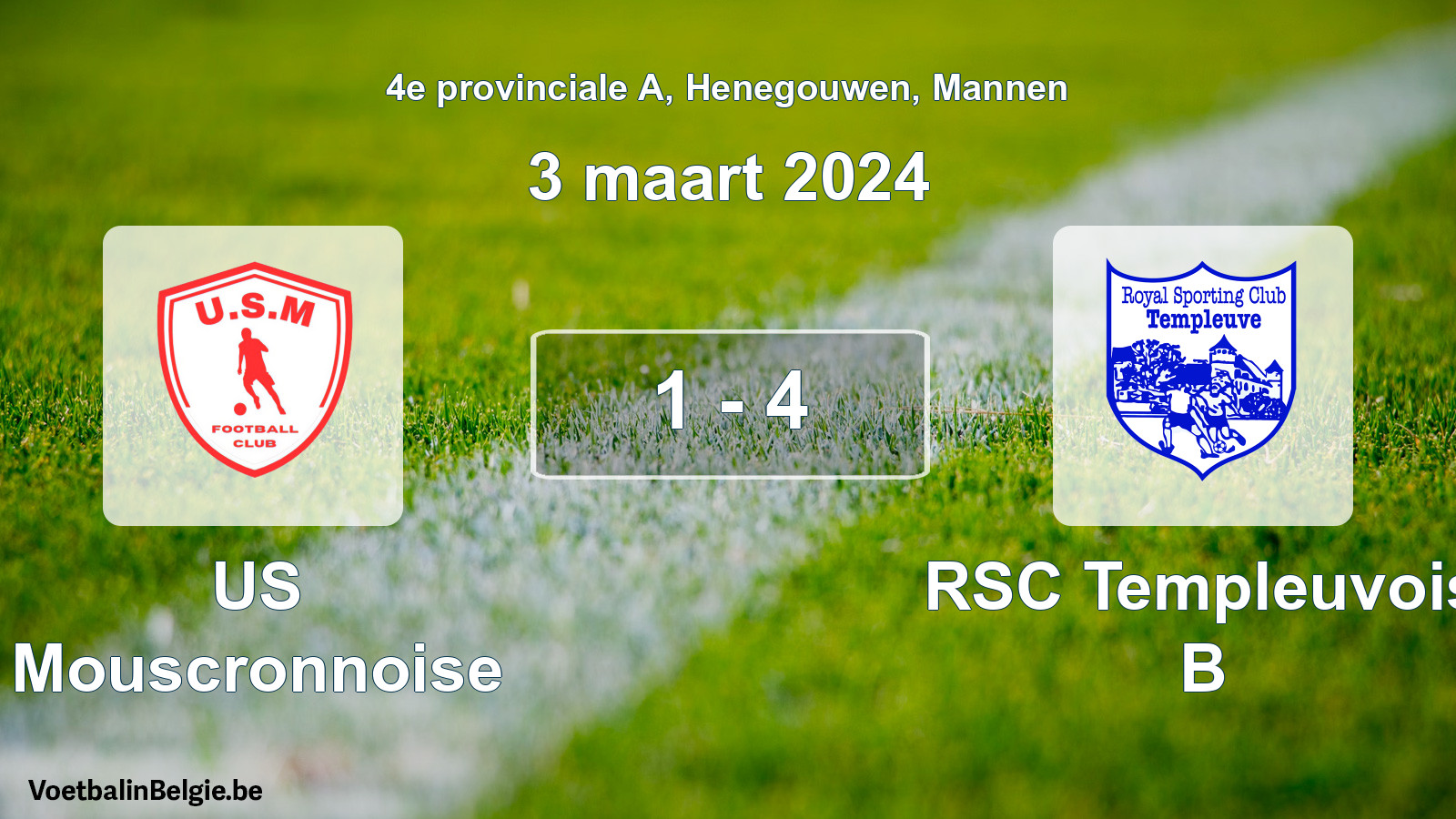 Gespeelde wedstrijd mannenvoetbal: US Mouscronnoise - RSC Templeuvois B 1 - 4 (3 maart 2024)