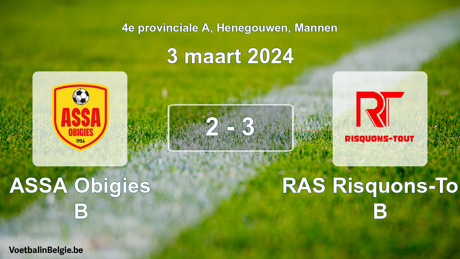 Gespeelde wedstrijd mannenvoetbal: ASSA Obigies B - RAS Risquons-Tout B 2 - 3 (3 maart 2024)