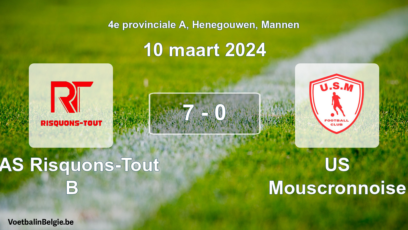 Gespeelde wedstrijd mannenvoetbal: RAS Risquons-Tout B - US Mouscronnoise 7 - 0 (10 maart 2024)