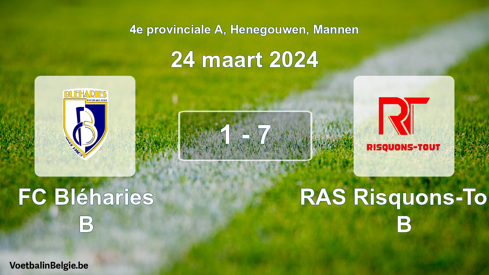 Gespeelde wedstrijd mannenvoetbal: FC Bléharies B - RAS Risquons-Tout B 1 - 7 (24 maart 2024)