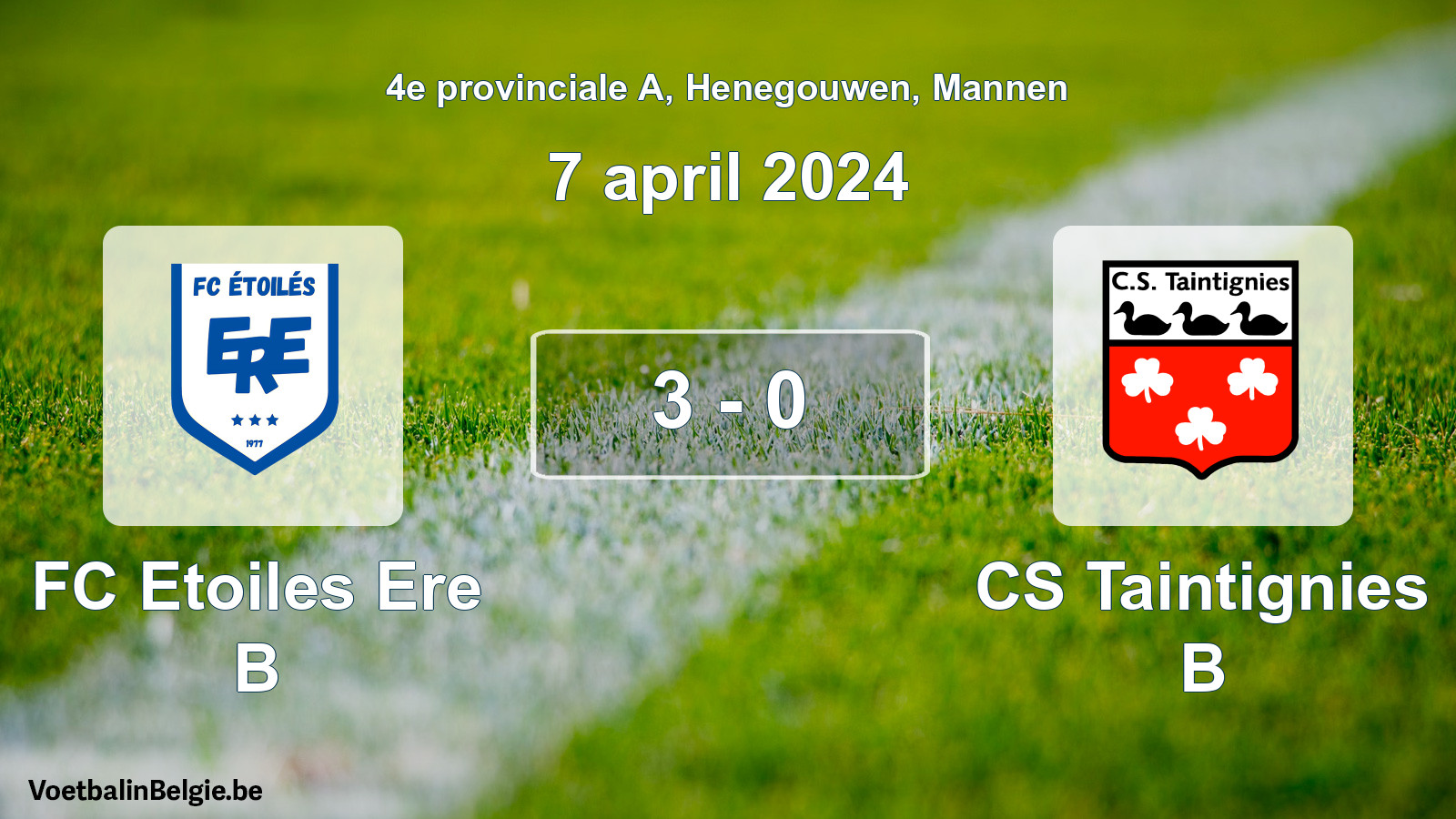 Gespeelde wedstrijd mannenvoetbal: FC Etoiles Ere B - CS Taintignies B 3 - 0 (7 april 2024)