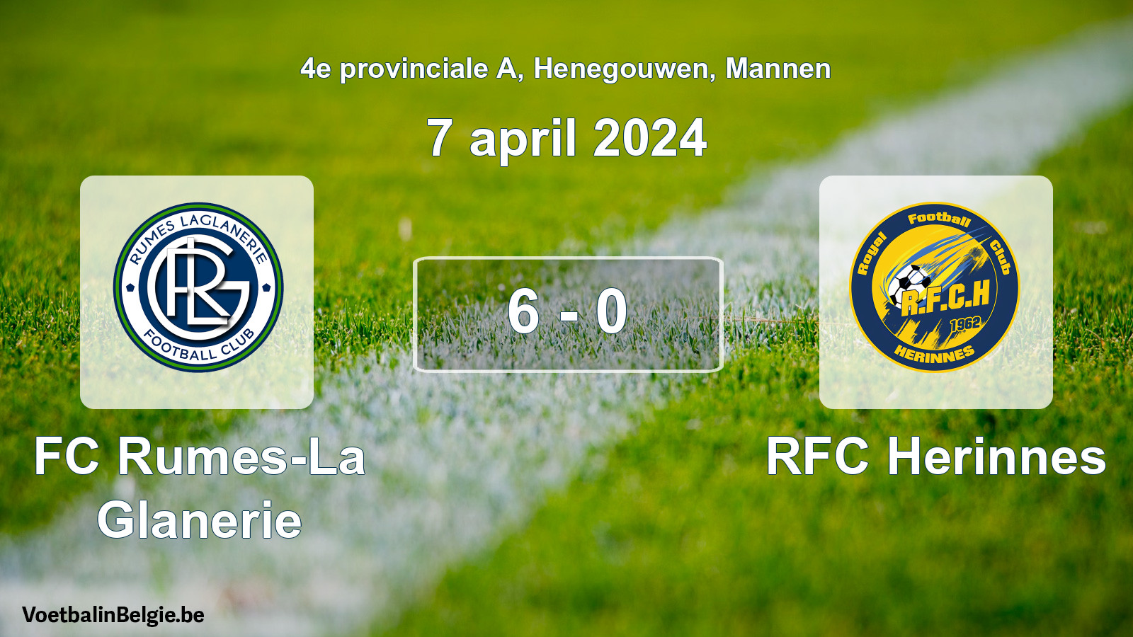 Gespeelde wedstrijd mannenvoetbal: FC Rumes-La Glanerie - RFC Herinnes 6 - 0 (7 april 2024)
