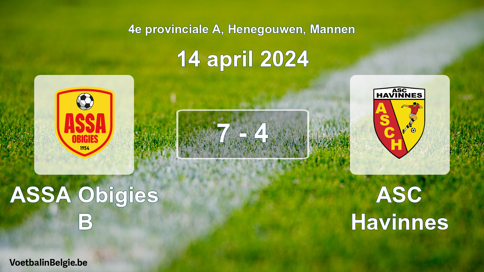 Gespeelde wedstrijd mannenvoetbal: ASSA Obigies B - ASC Havinnes 7 - 4 (14 april 2024)