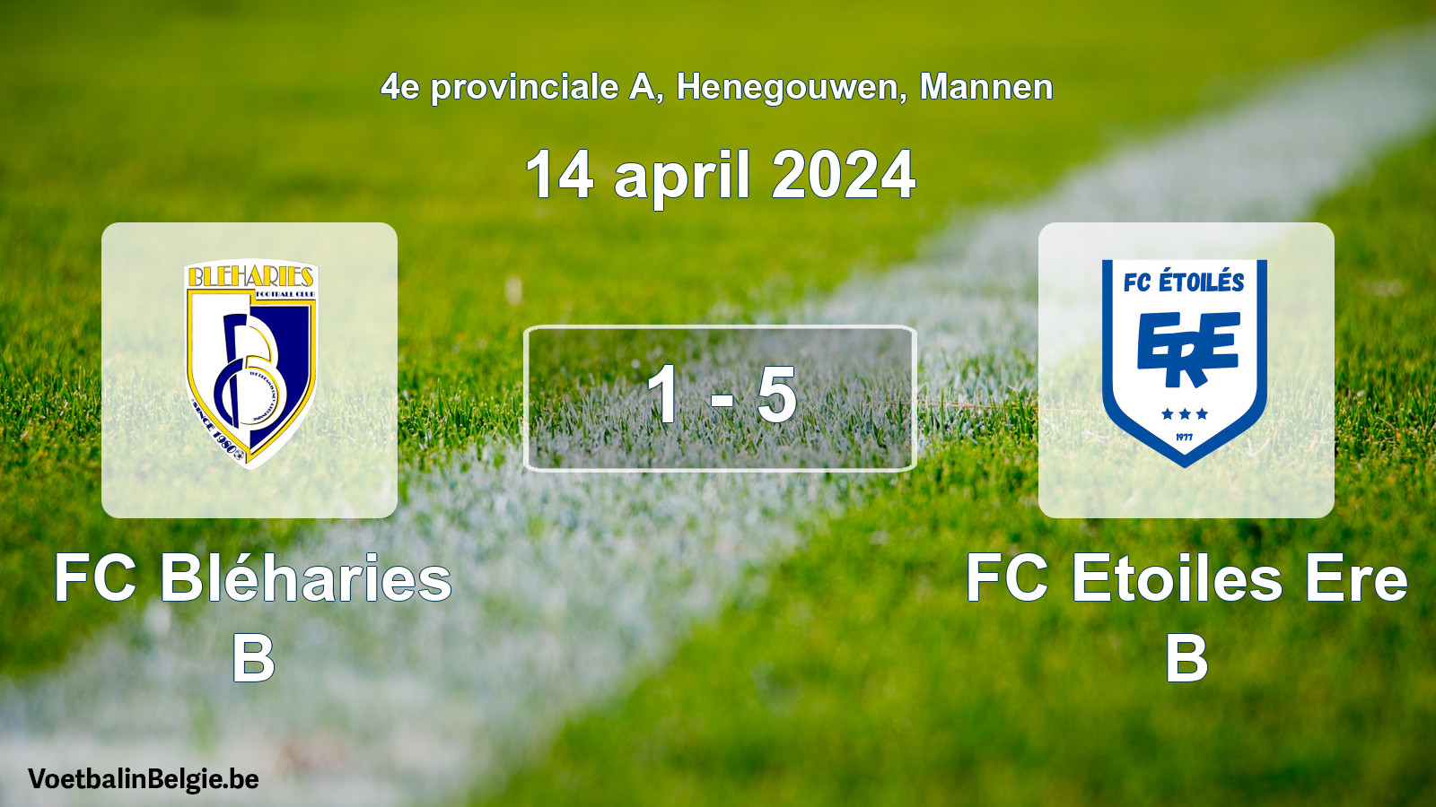 Gespeelde wedstrijd mannenvoetbal: FC Bléharies B - FC Etoiles Ere B 1 - 5 (14 april 2024)