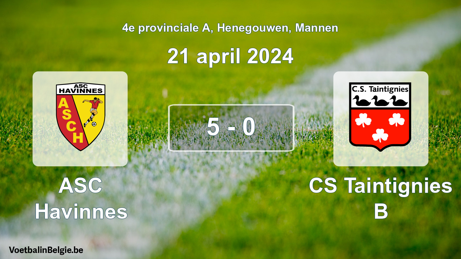 Gespeelde wedstrijd mannenvoetbal: ASC Havinnes - CS Taintignies B 5 - 0 (21 april 2024)