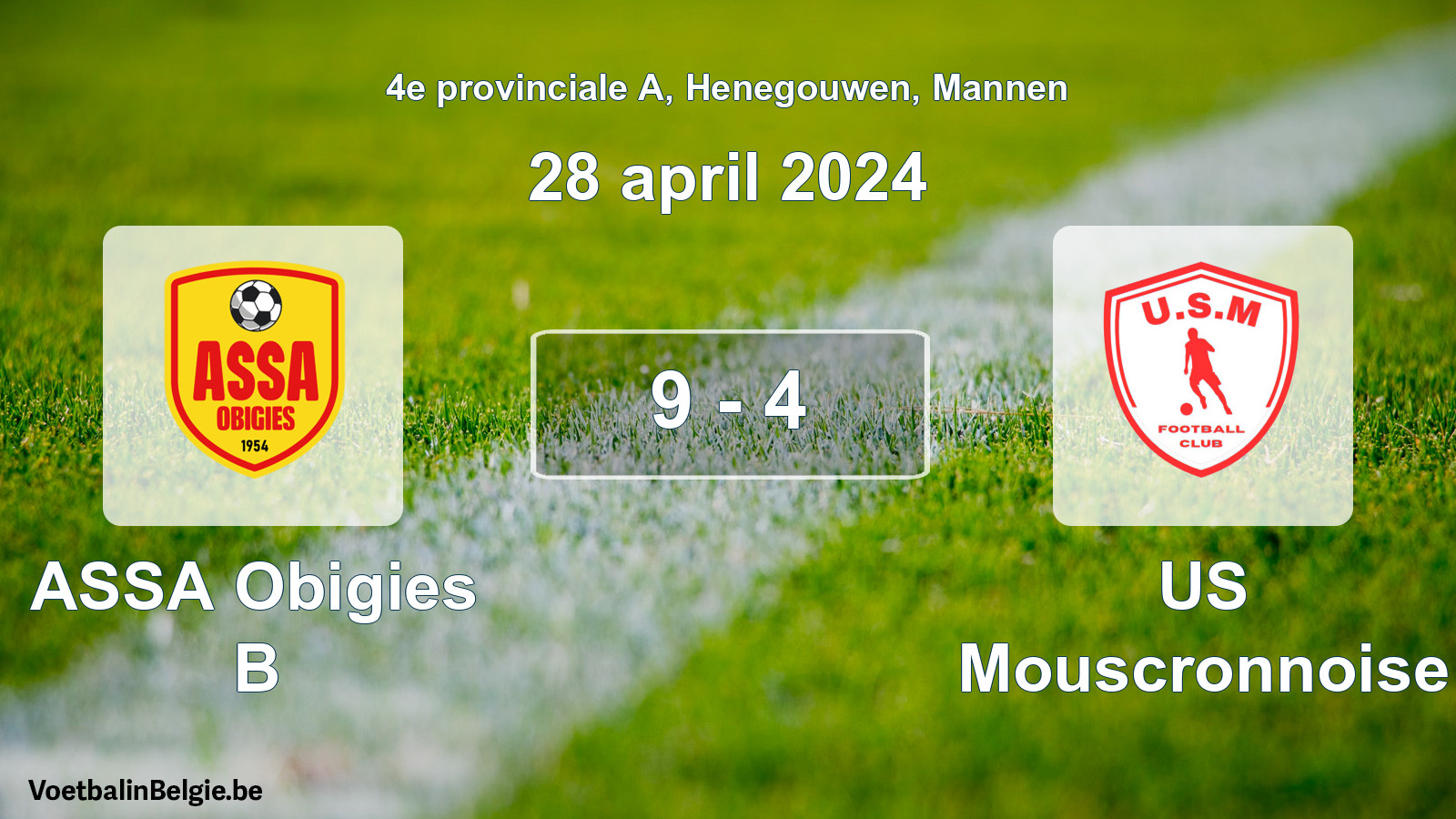 Gespeelde wedstrijd mannenvoetbal: ASSA Obigies B - US Mouscronnoise 9 - 4 (28 april 2024)