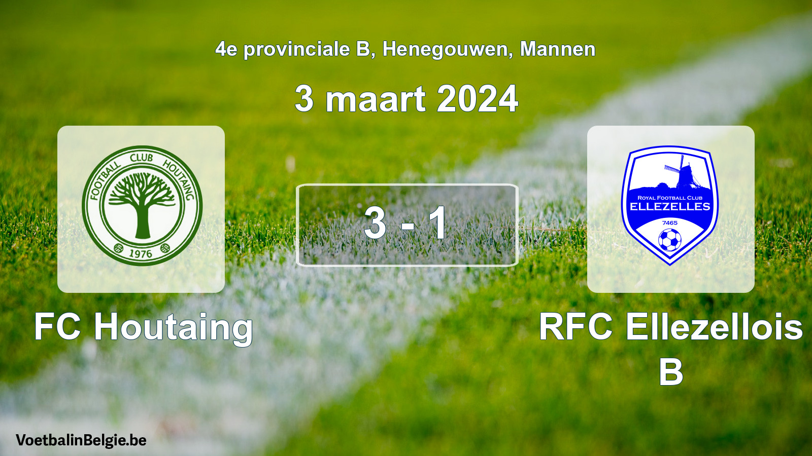 Gespeelde wedstrijd mannenvoetbal: FC Houtaing - RFC Ellezellois B 3 - 1 (3 maart 2024)