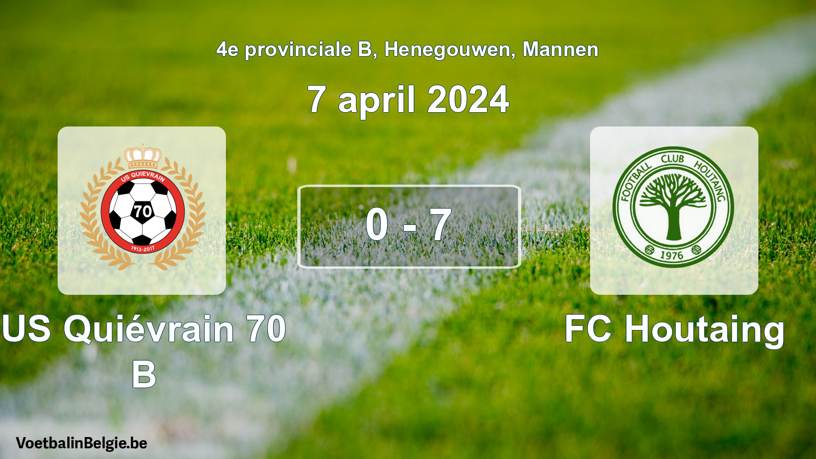 Gespeelde wedstrijd mannenvoetbal: US Quiévrain 70 B - FC Houtaing 0 - 7 (7 april 2024)