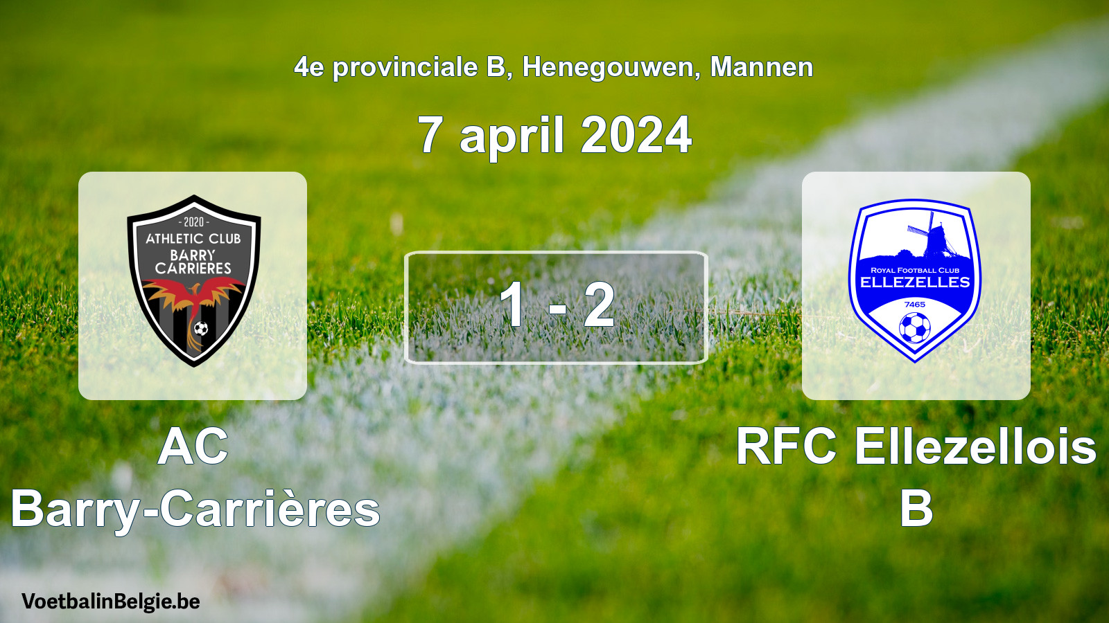 Gespeelde wedstrijd mannenvoetbal: AC Barry-Carrières - RFC Ellezellois B 1 - 2 (7 april 2024)